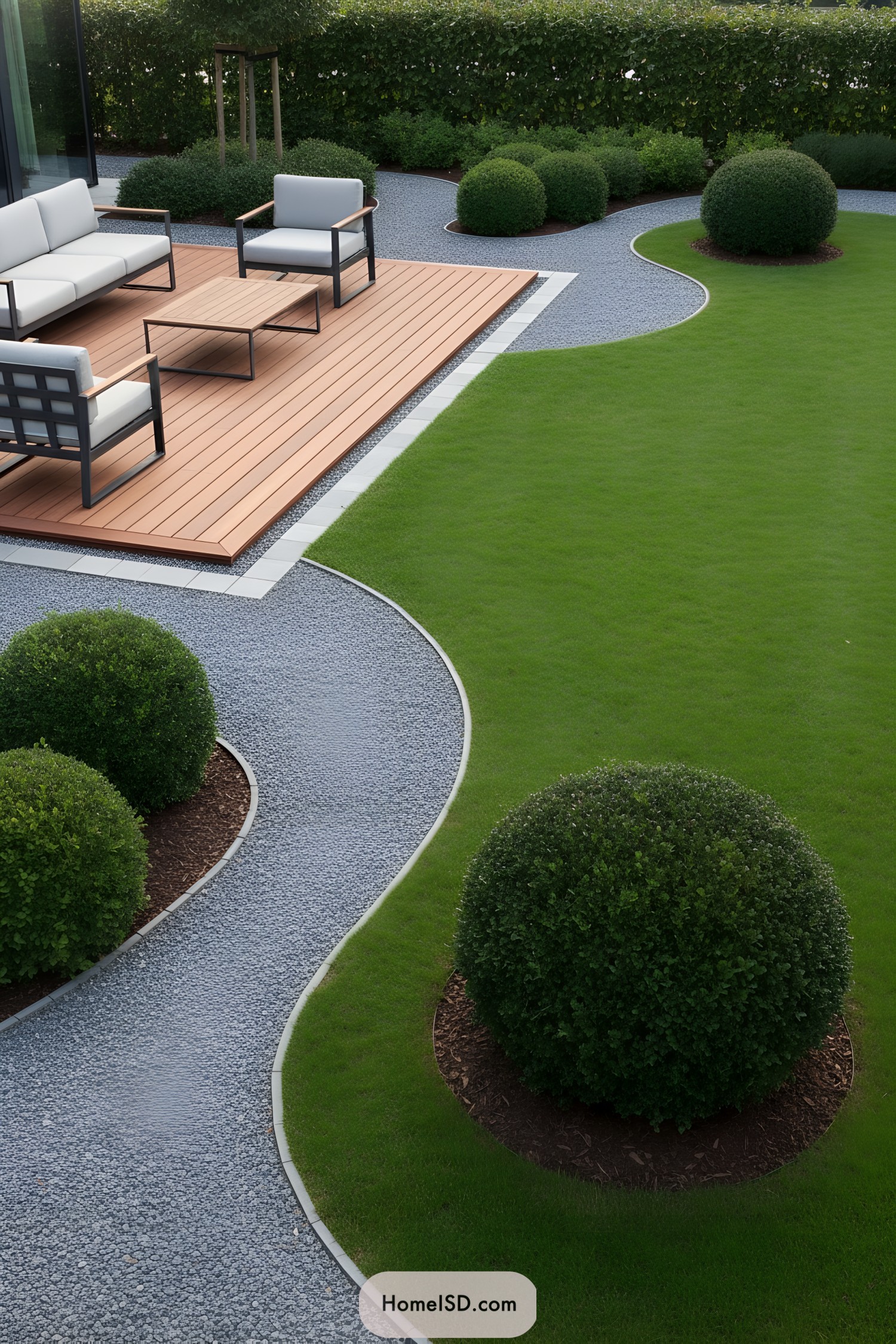 Minimalist deck seating over curved gravel paths and manicured green lawn with round shrubs