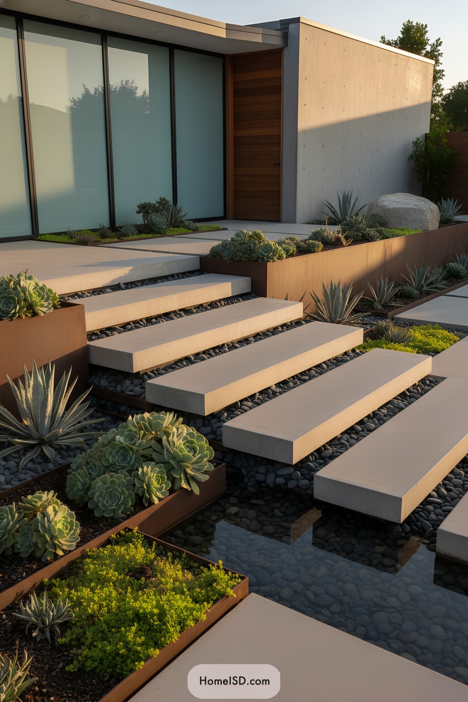 Minimalist front entry with floating concrete steps over stones, rusted planters, and sculptural succulents