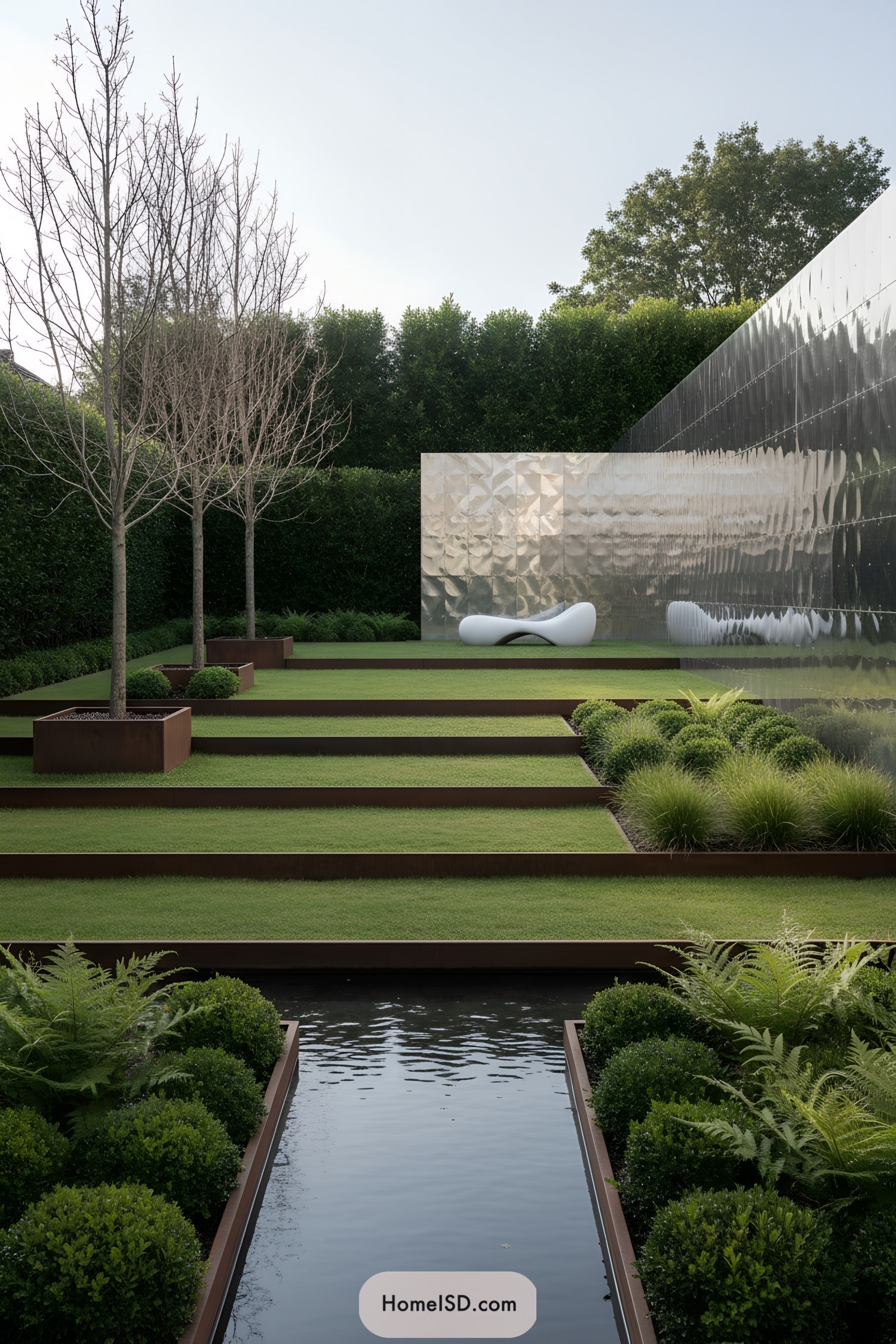Modern tiered lawn with water channel and mirrored wall