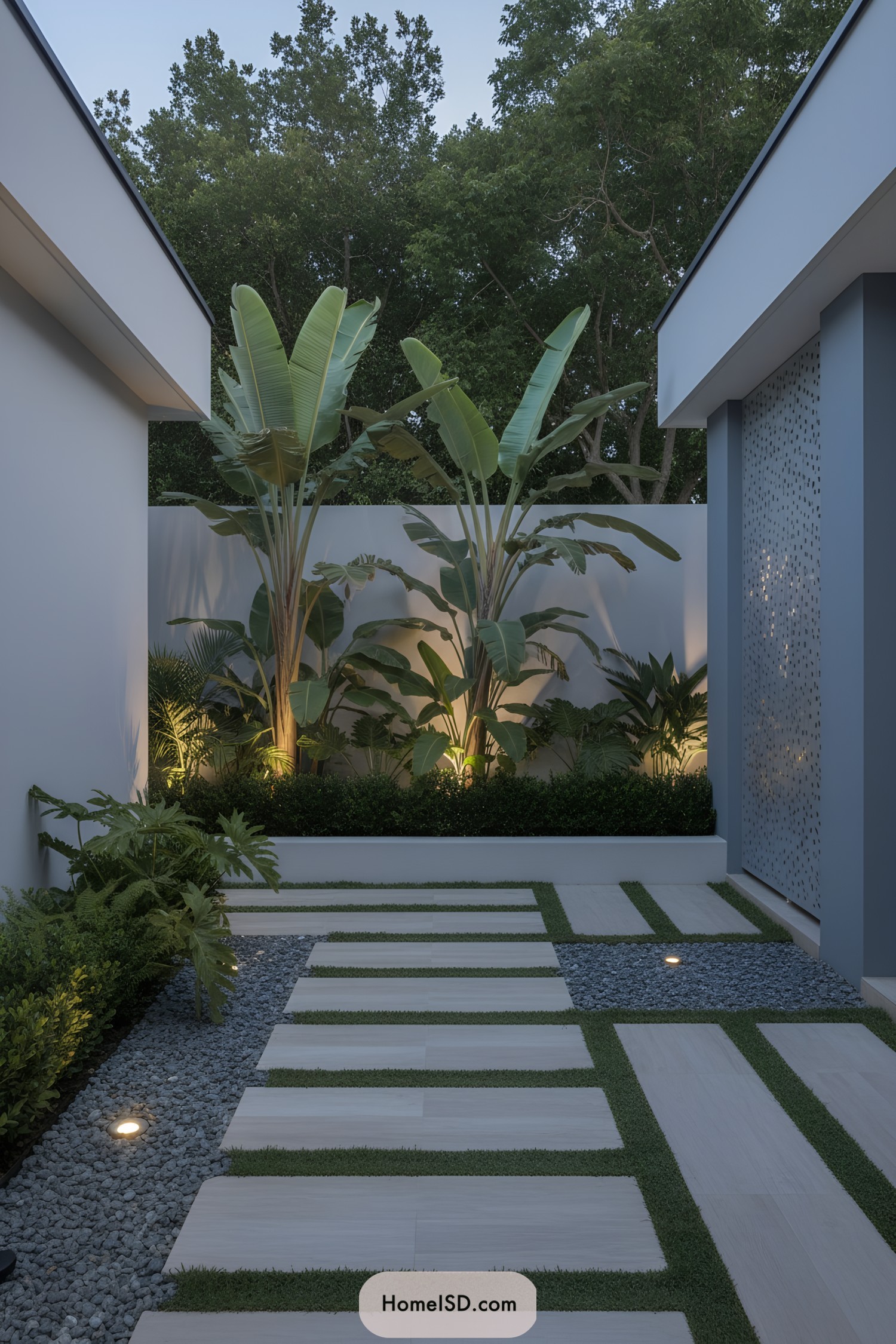 Evening modern courtyard with backlit tropical palms and geometric stepping pads