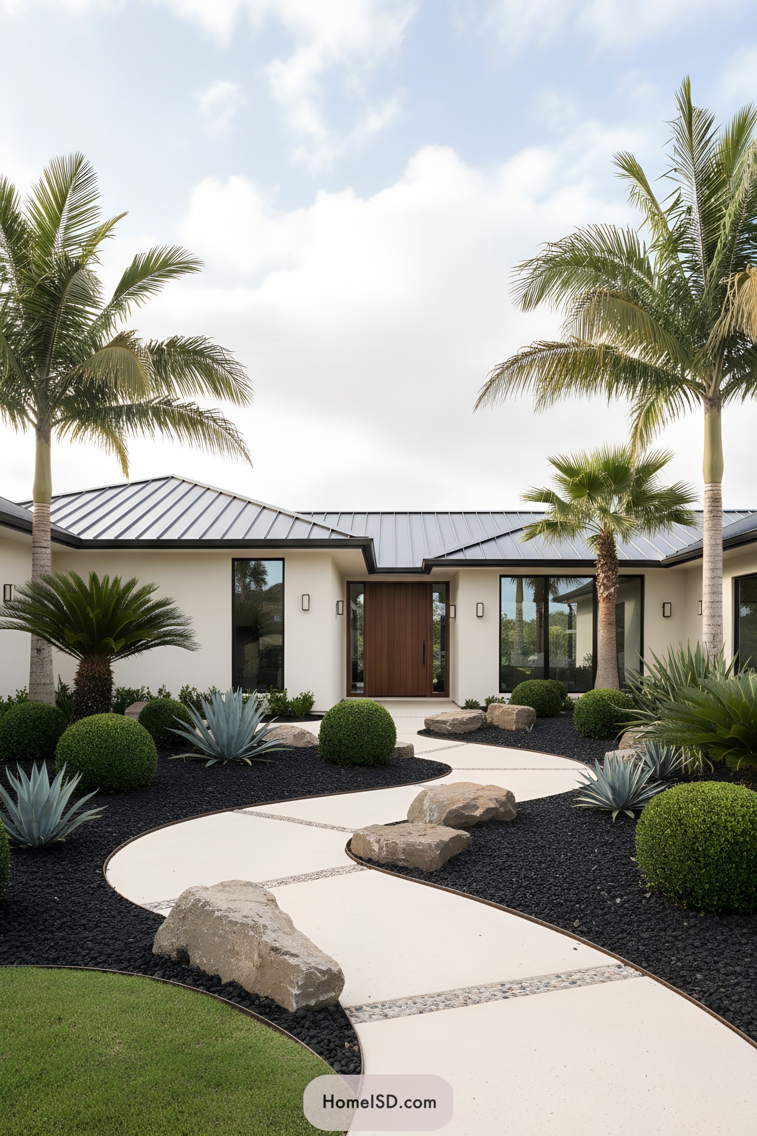Curved white path through a modern tropical front yard featuring palms, boulders, and black gravel