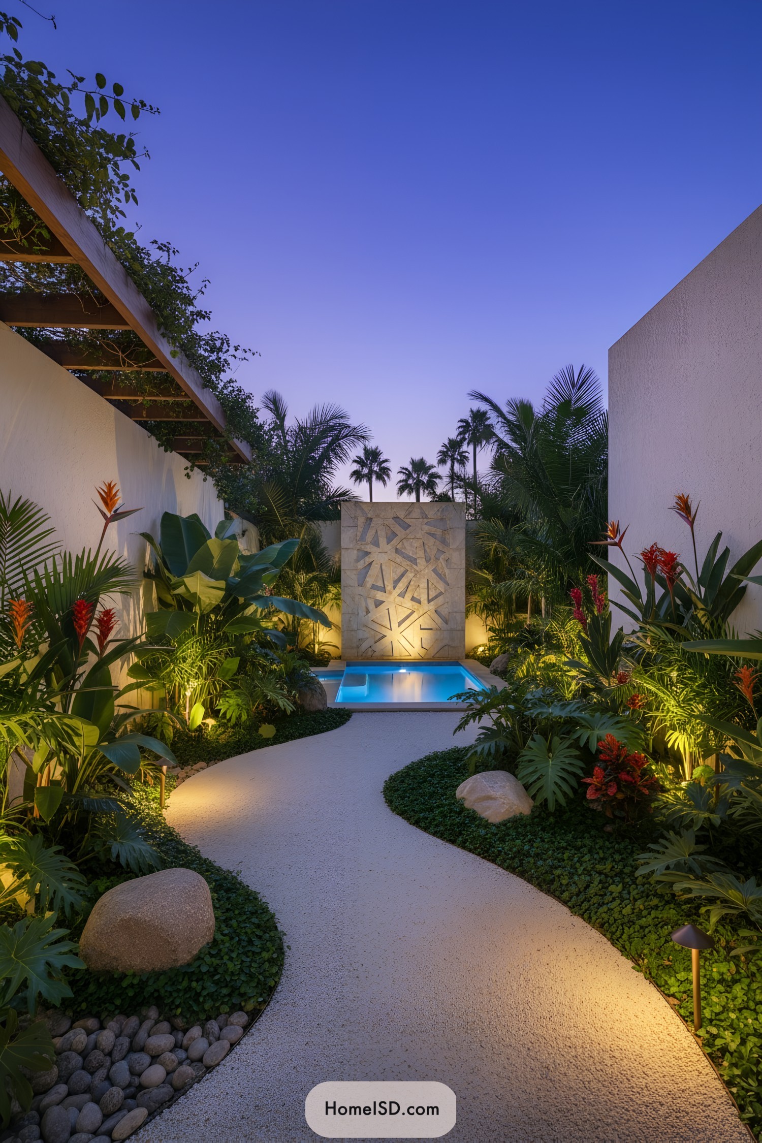 Curved tropical garden path leading to lit plunge pool at dusk
