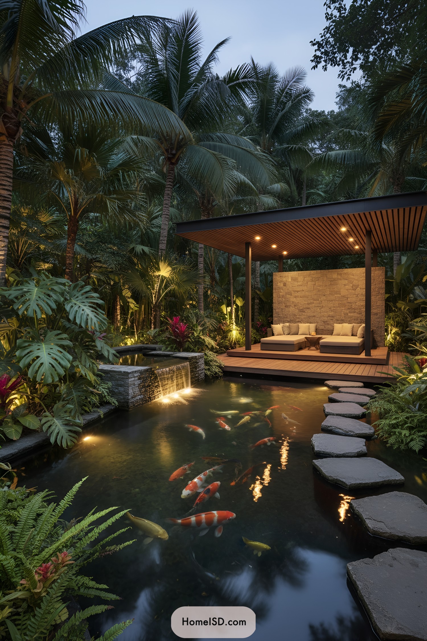 Tropical koi pond with pavilion lounge