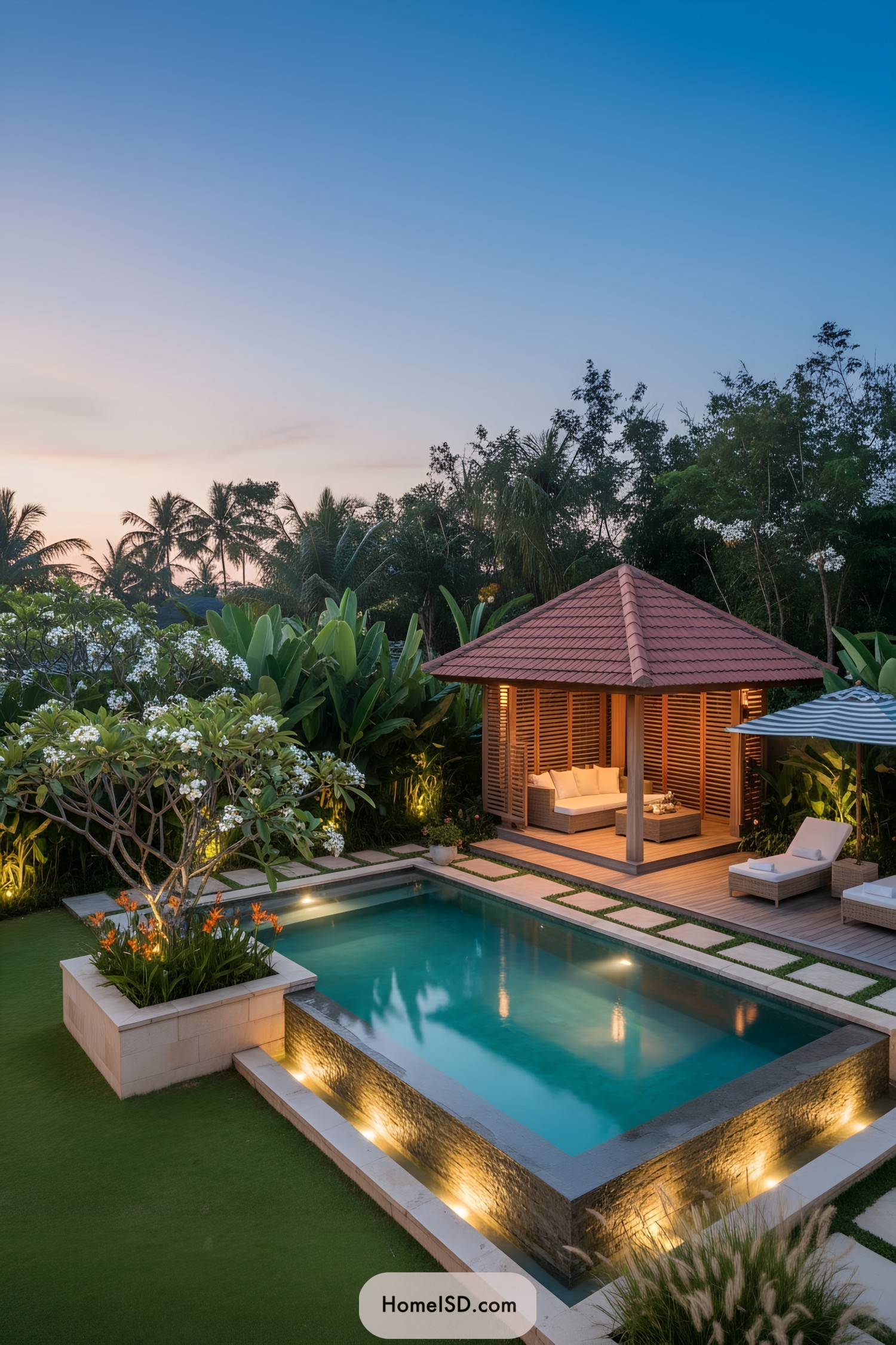 Tropical backyard with lit pool and wooden cabana at dusk