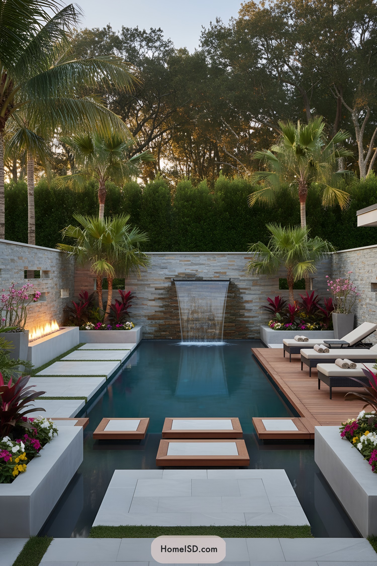Modern tropical backyard with pool waterfall fire feature and floating stepping pads