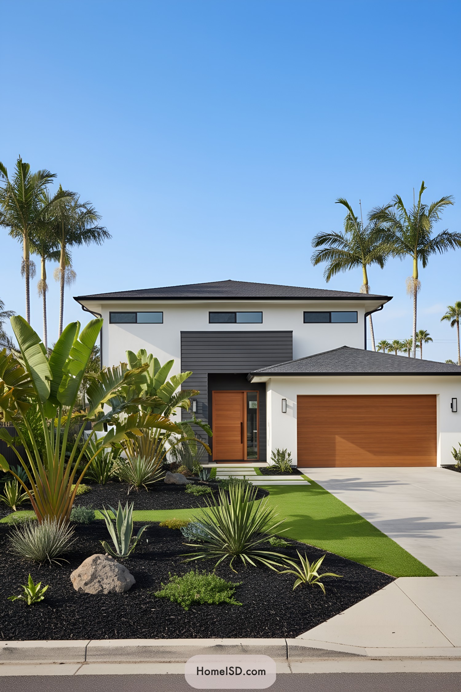 Modern white house with tropical xeriscape front yard