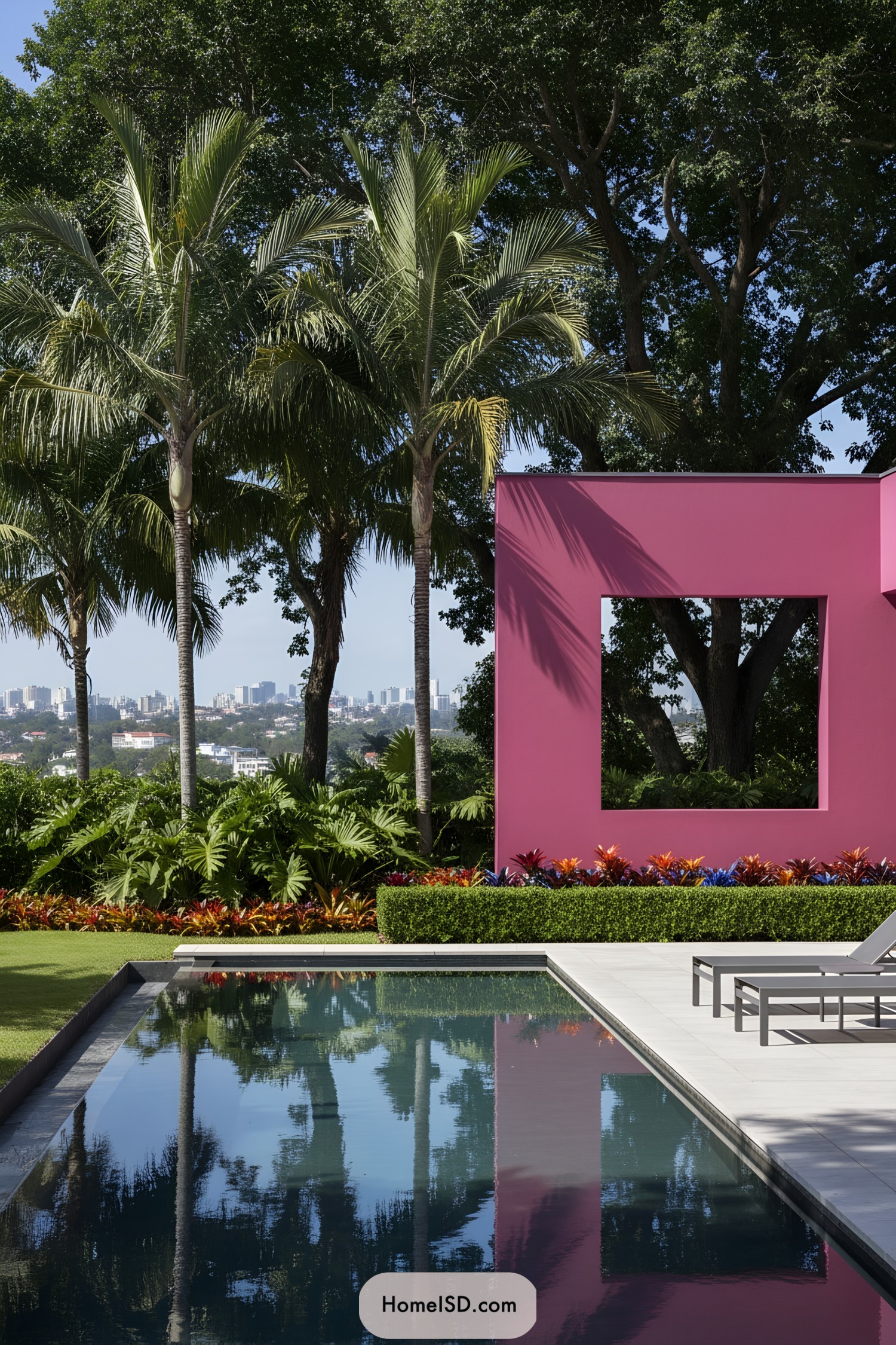 Modern tropical pool with bright pink wall