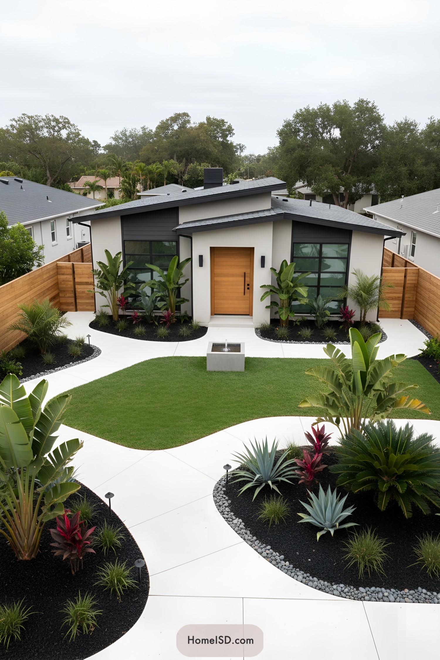 Modern front yard with curving tropical landscaping