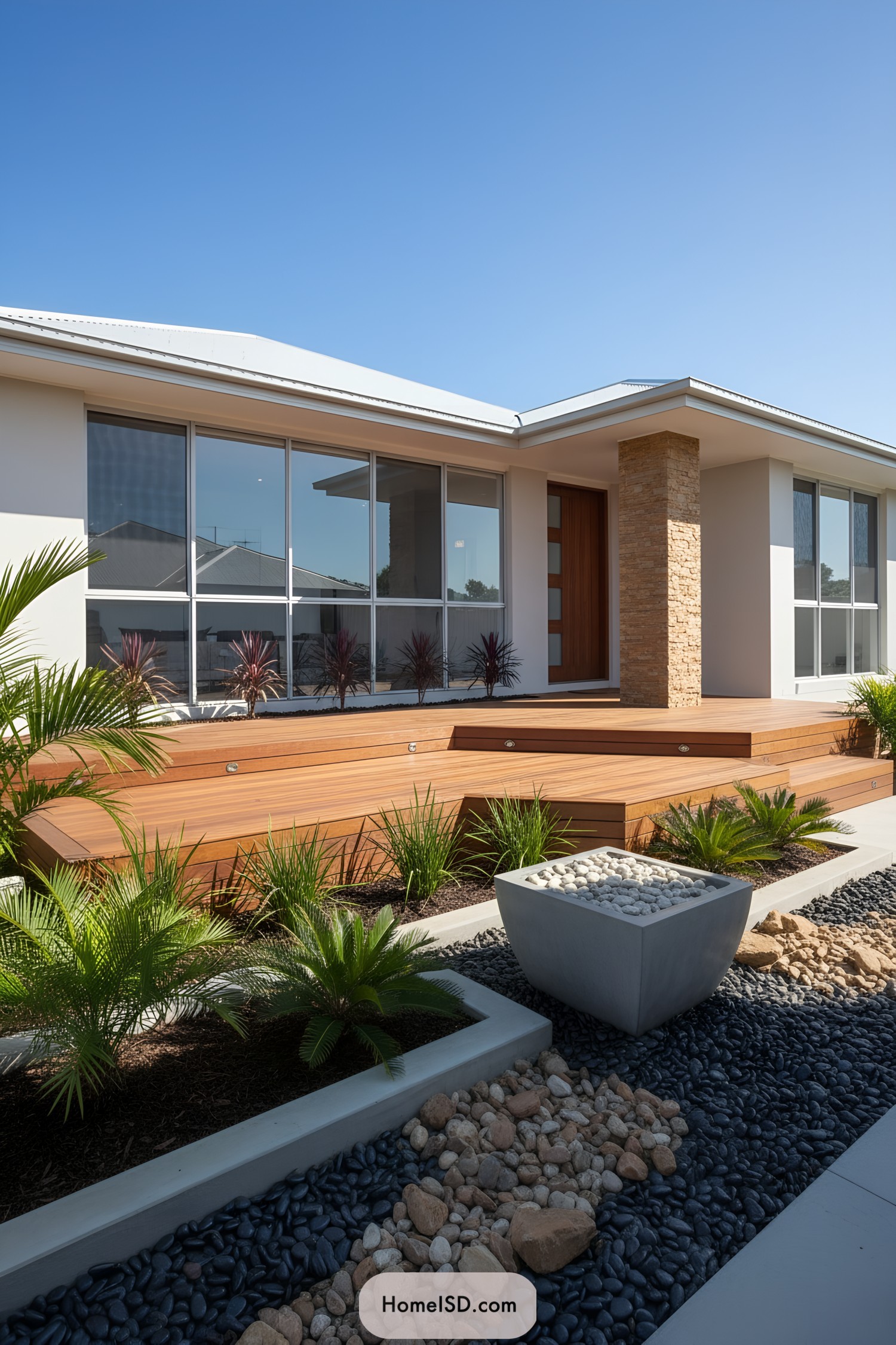 Modern front yard with tiered wood steps tropical plants and decorative stones