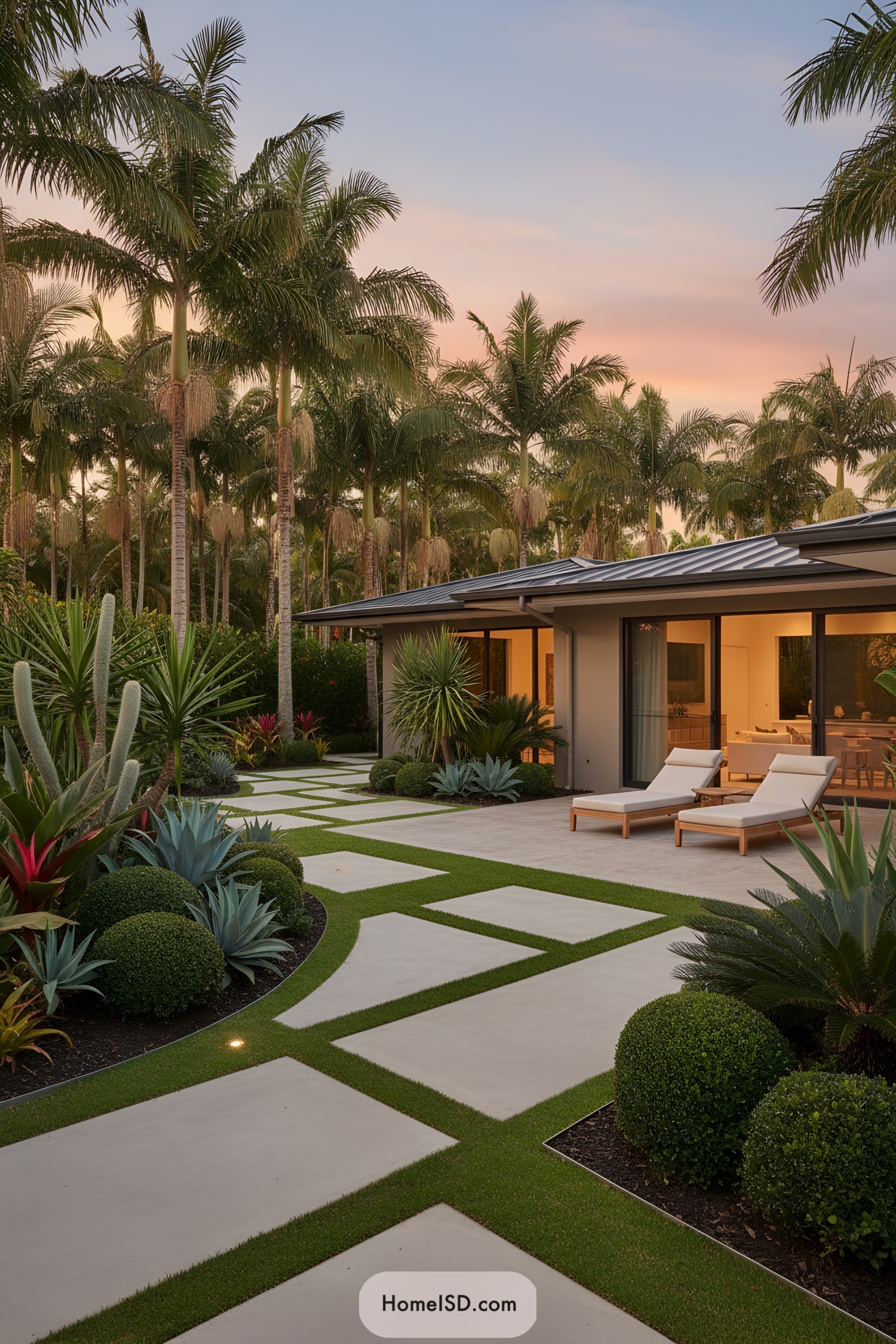 Modern tropical yard with large grid pavers, lush plants, and tall palm trees around a contemporary home