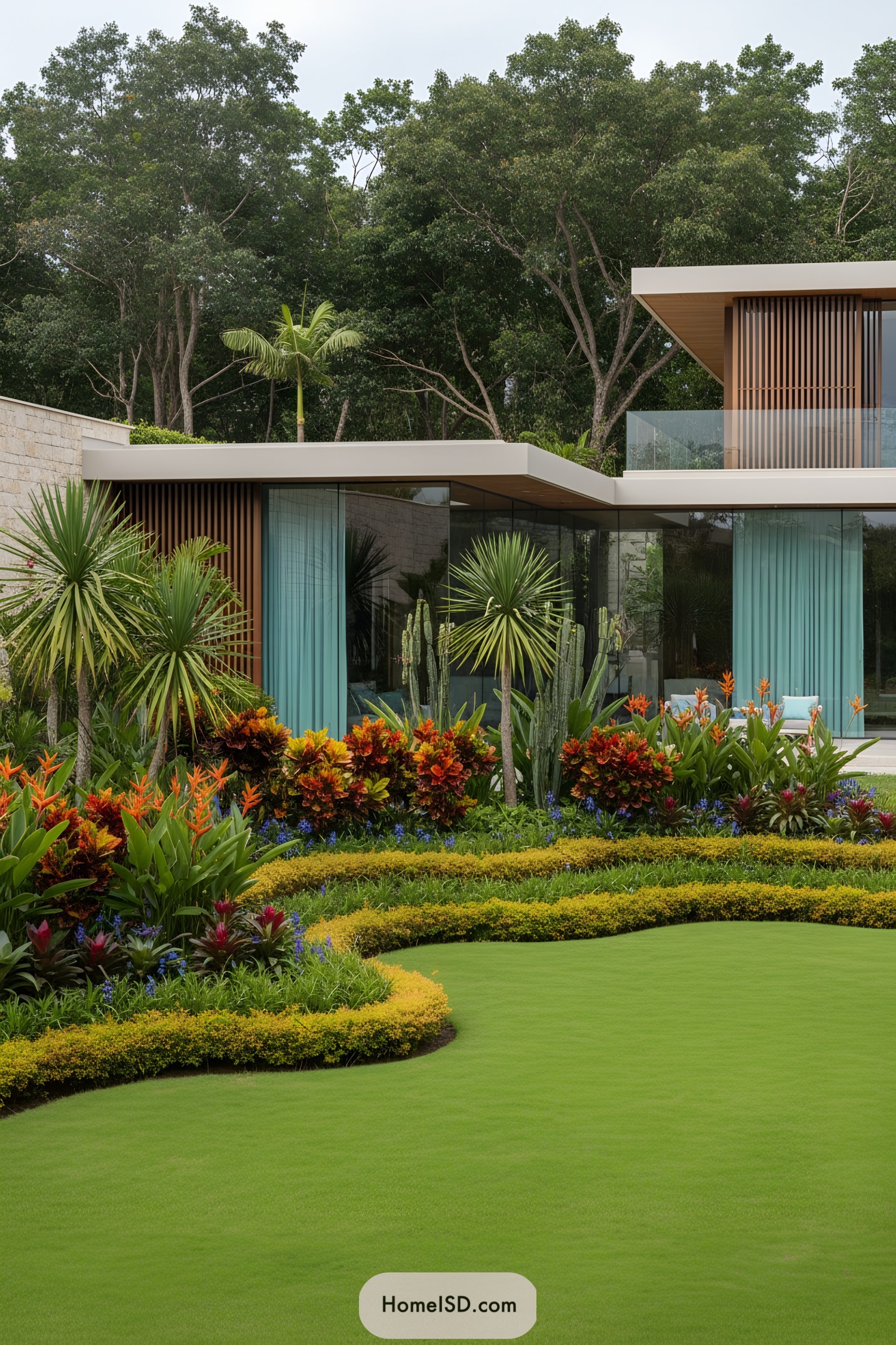 Colorful tropical garden with curving lawn beside modern glass house