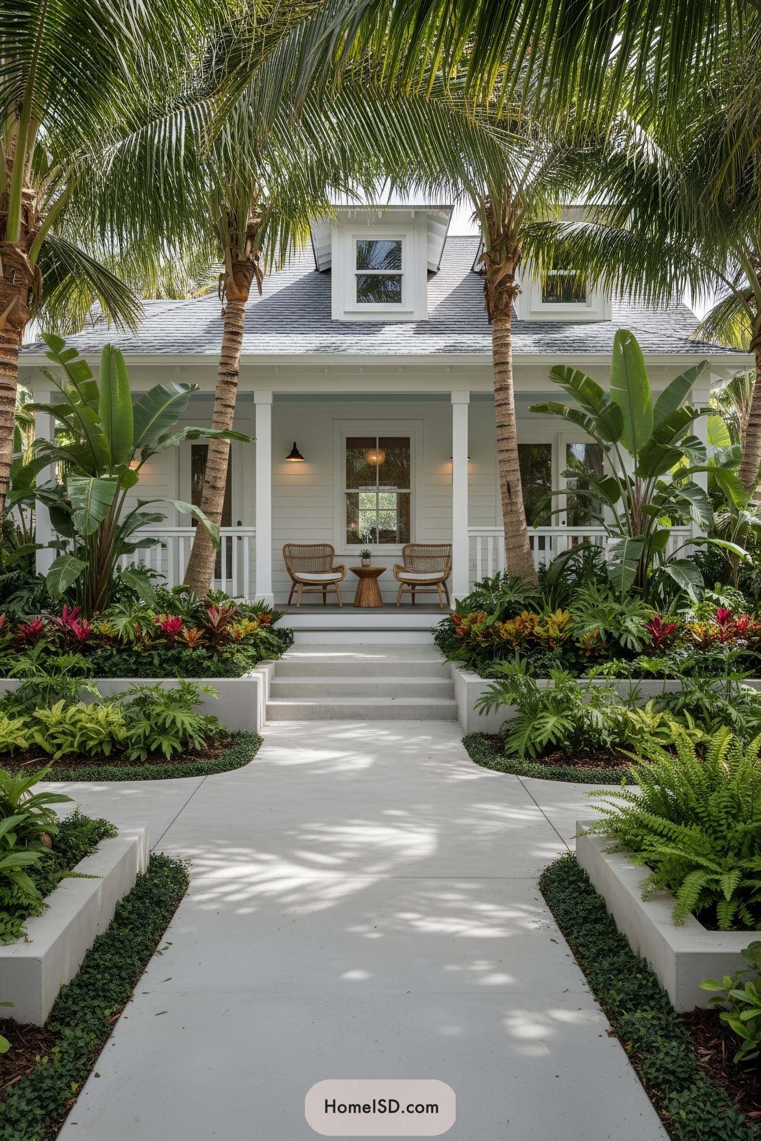 Tropical front yard with layered plants and palms framing a white path to a cozy porch