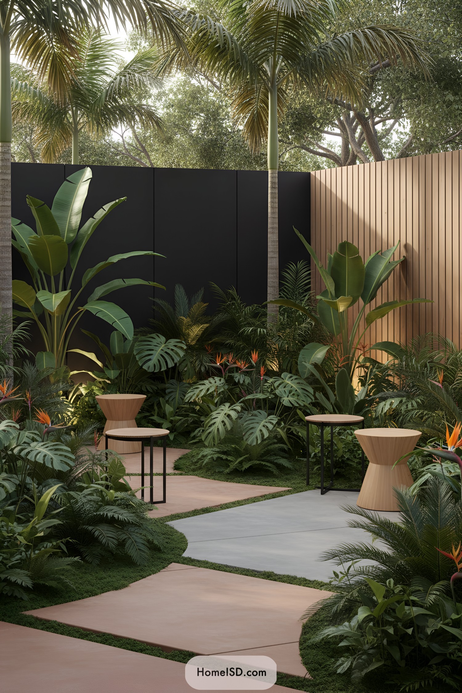 Lush tropical courtyard with curved pavers, palms, and modern side tables