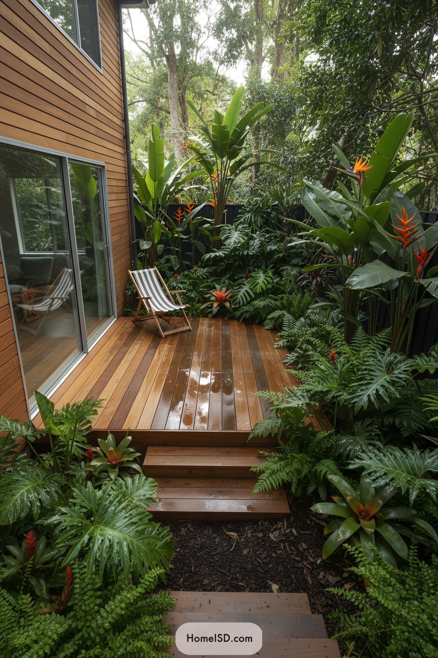 Small tropical deck surrounded by lush plants