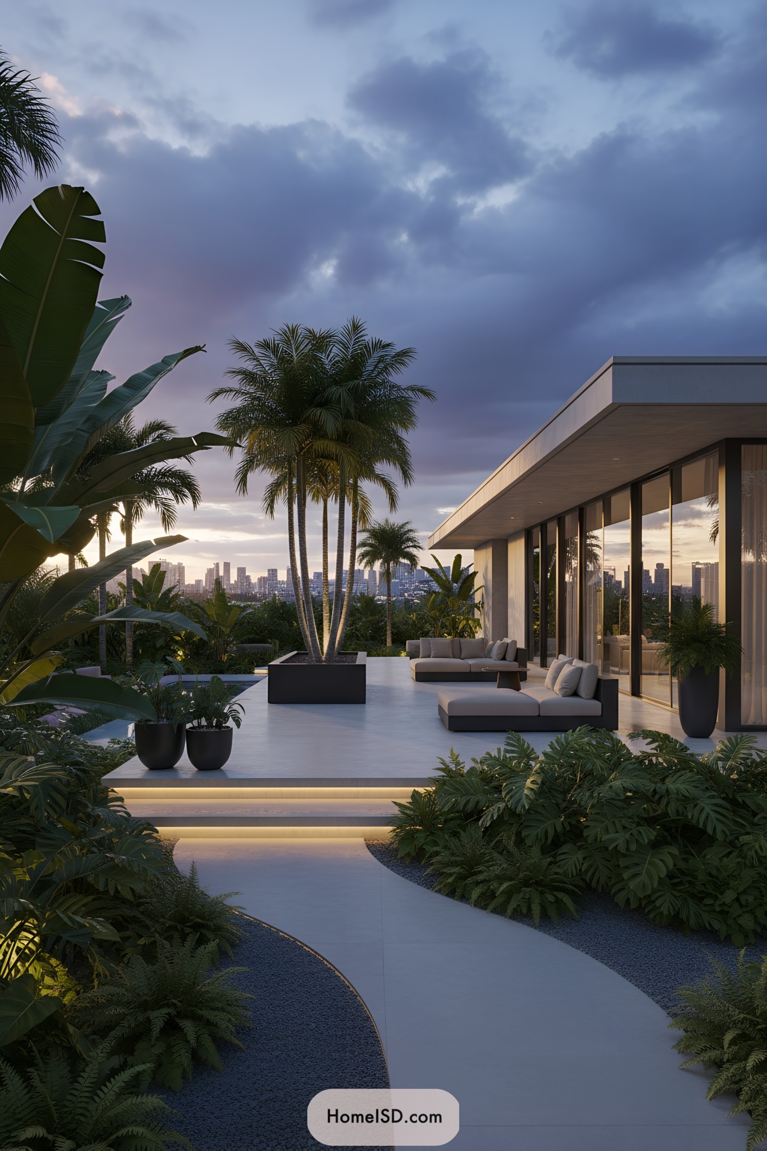 Modern rooftop terrace with palms and city skyline at dusk