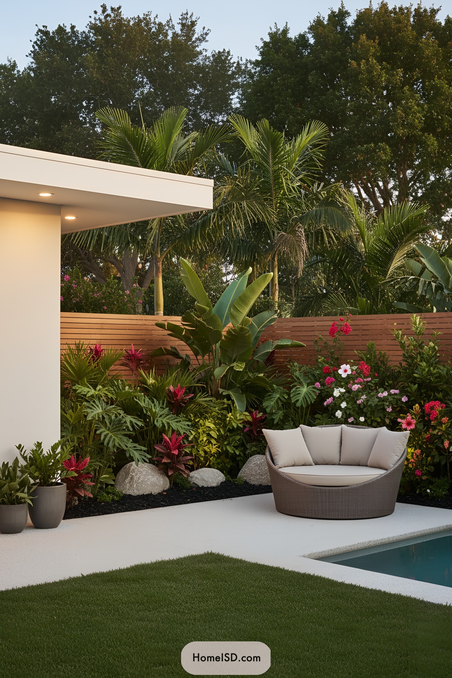 Modern poolside patio with lush tropical plants