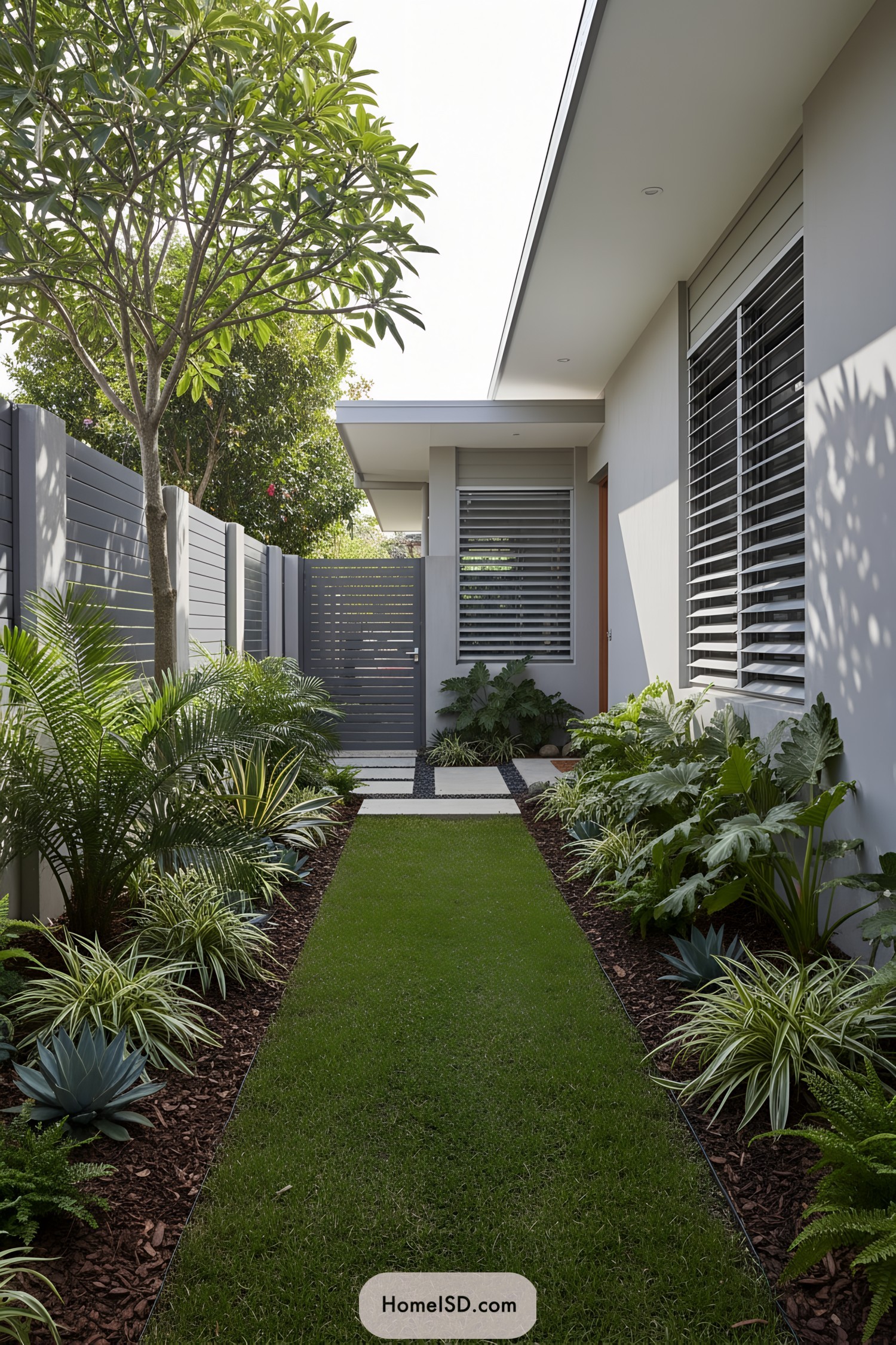 Slim modern side yard with tropical plants