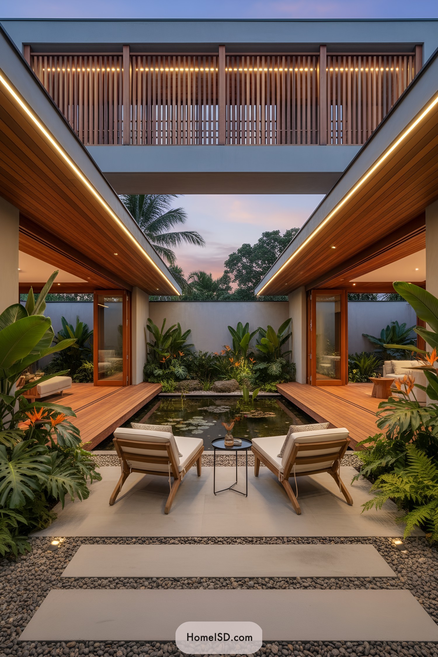 Modern tropical courtyard with koi pond, wood decks, and lounge chairs framed by lush greenery