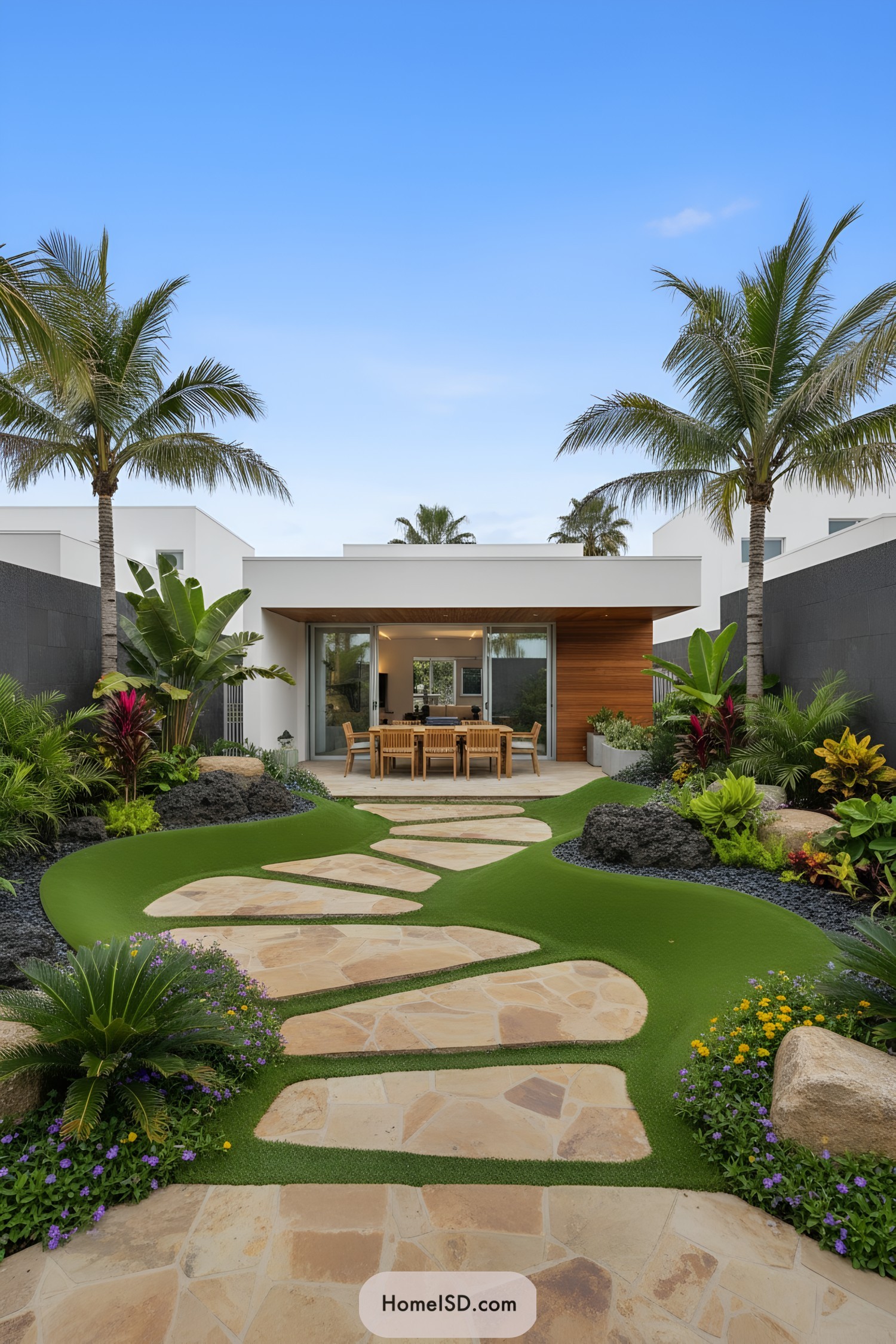 Curved stone walkway winding through modern tropical yard