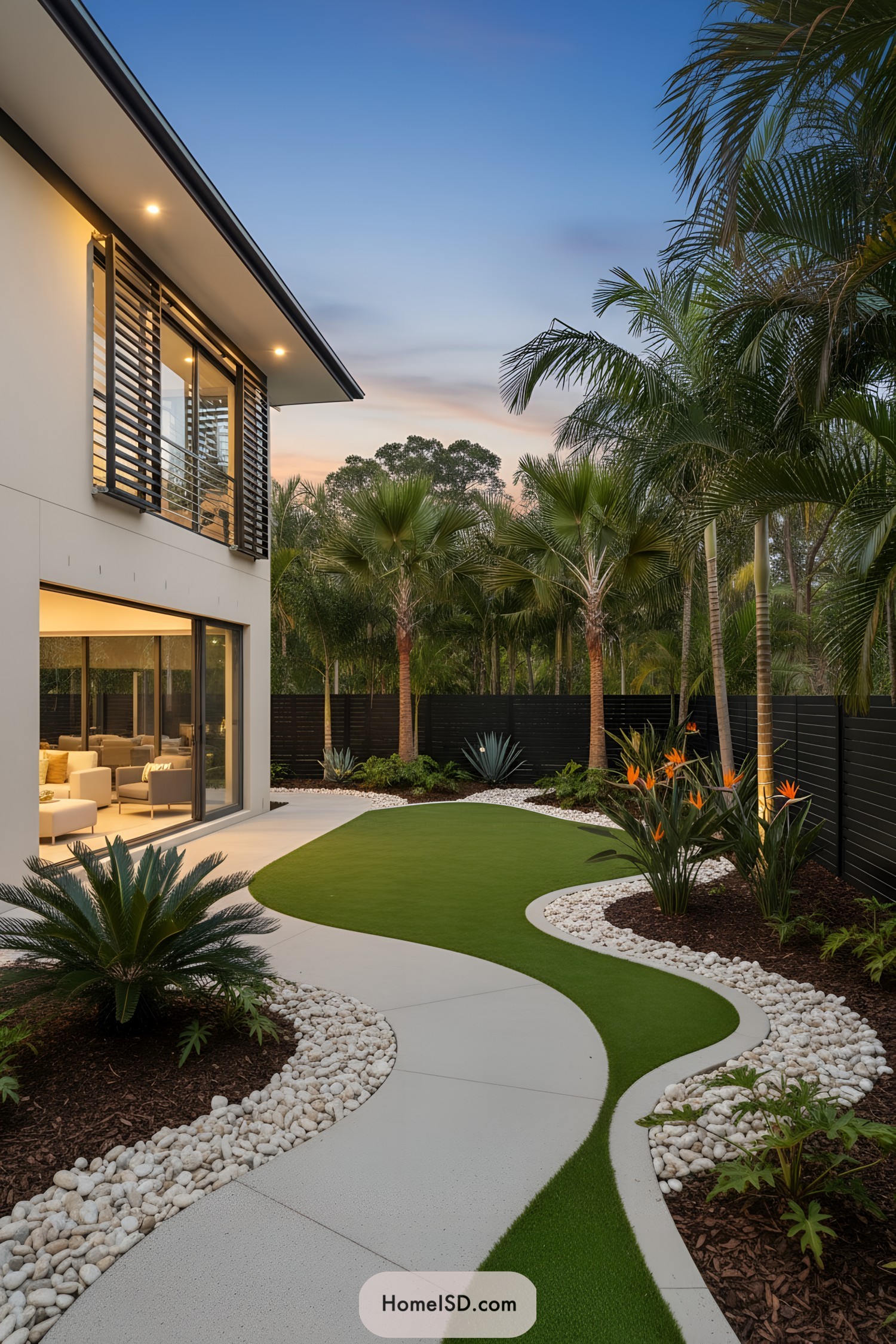 Modern tropical backyard with curved lawn path beside palms and modern house