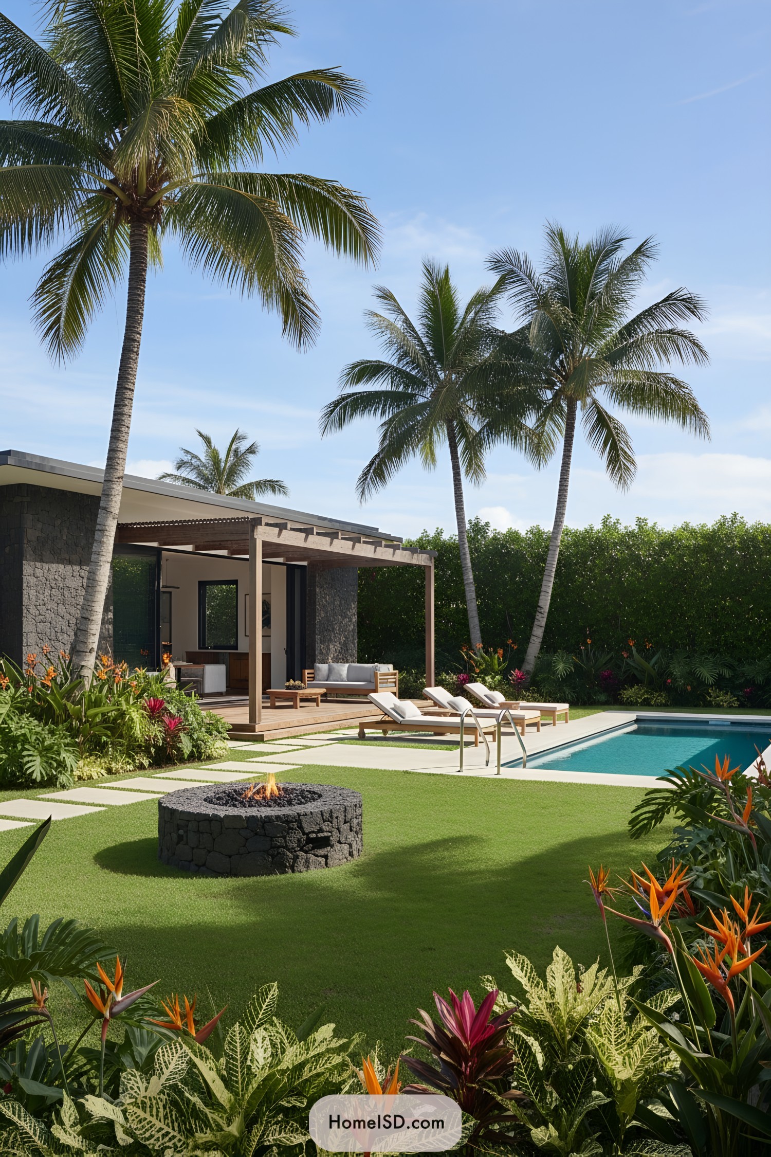 Modern tropical backyard with pool and firepit