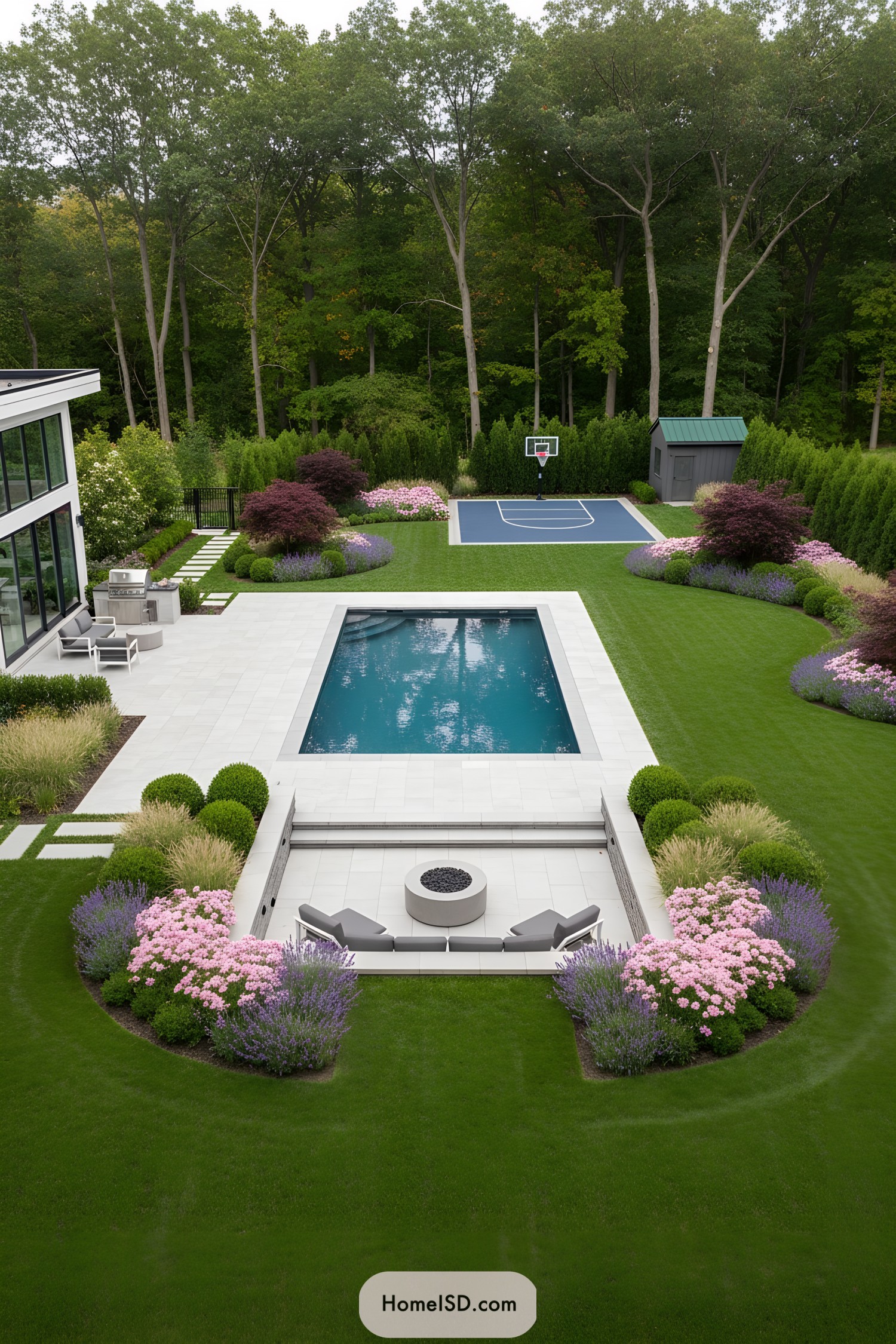 Modern backyard with pool, sunken fire pit, and basketball court