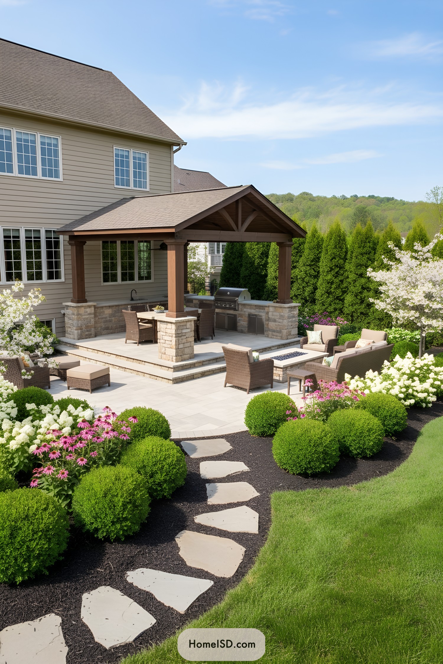 Covered patio with outdoor kitchen and seating beside lush landscaped garden beds
