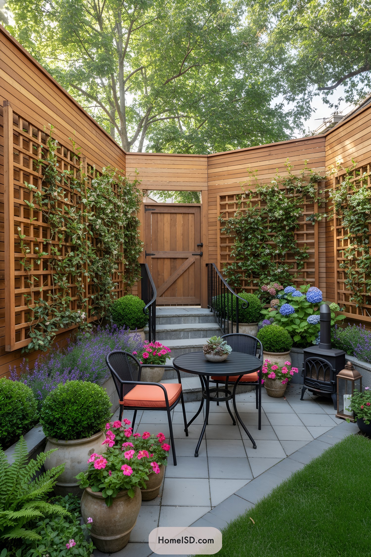 Small enclosed patio with trellised vines, colorful potted flowers, bistro set, and compact outdoor stove