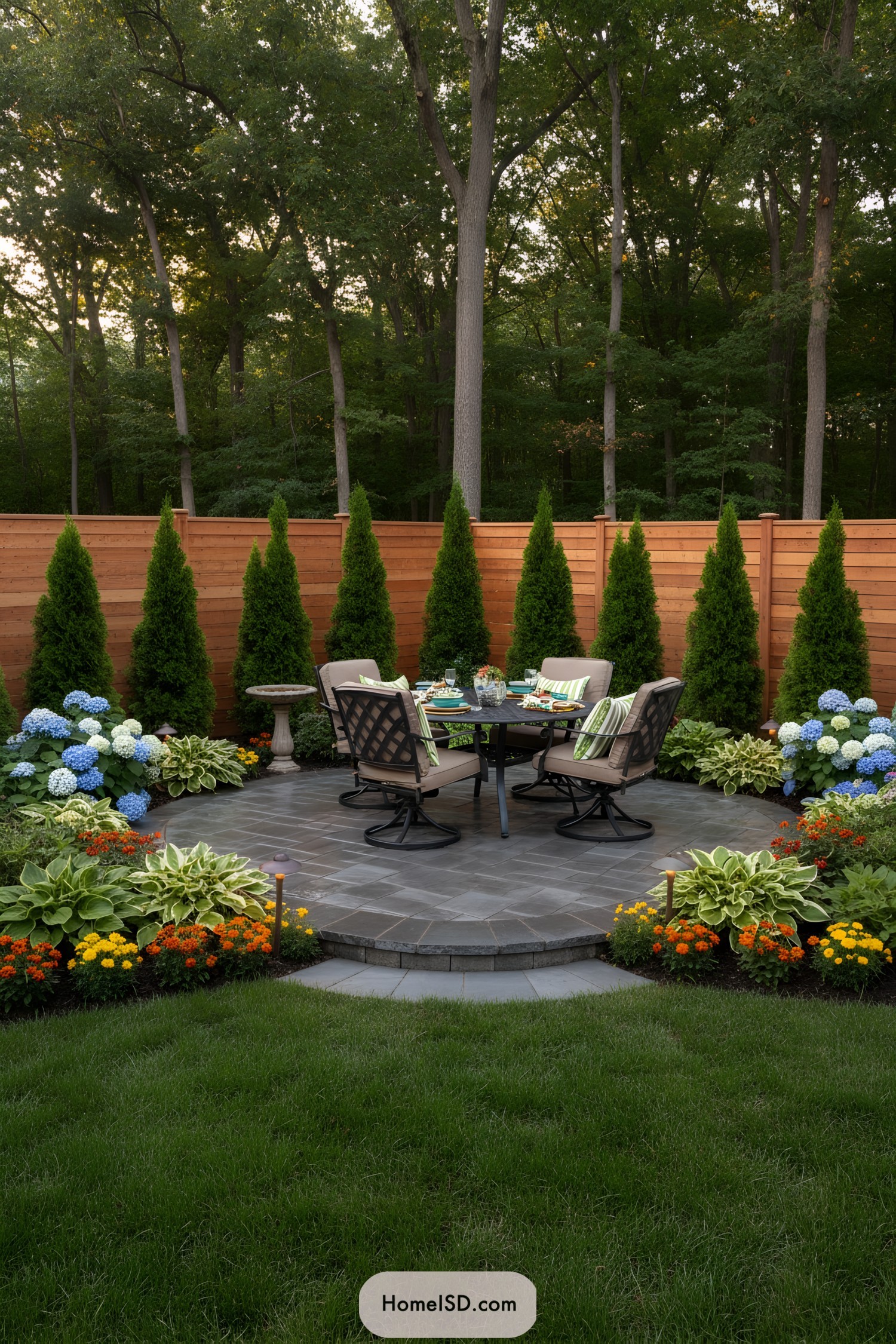 Round patio dining area amid colorful garden