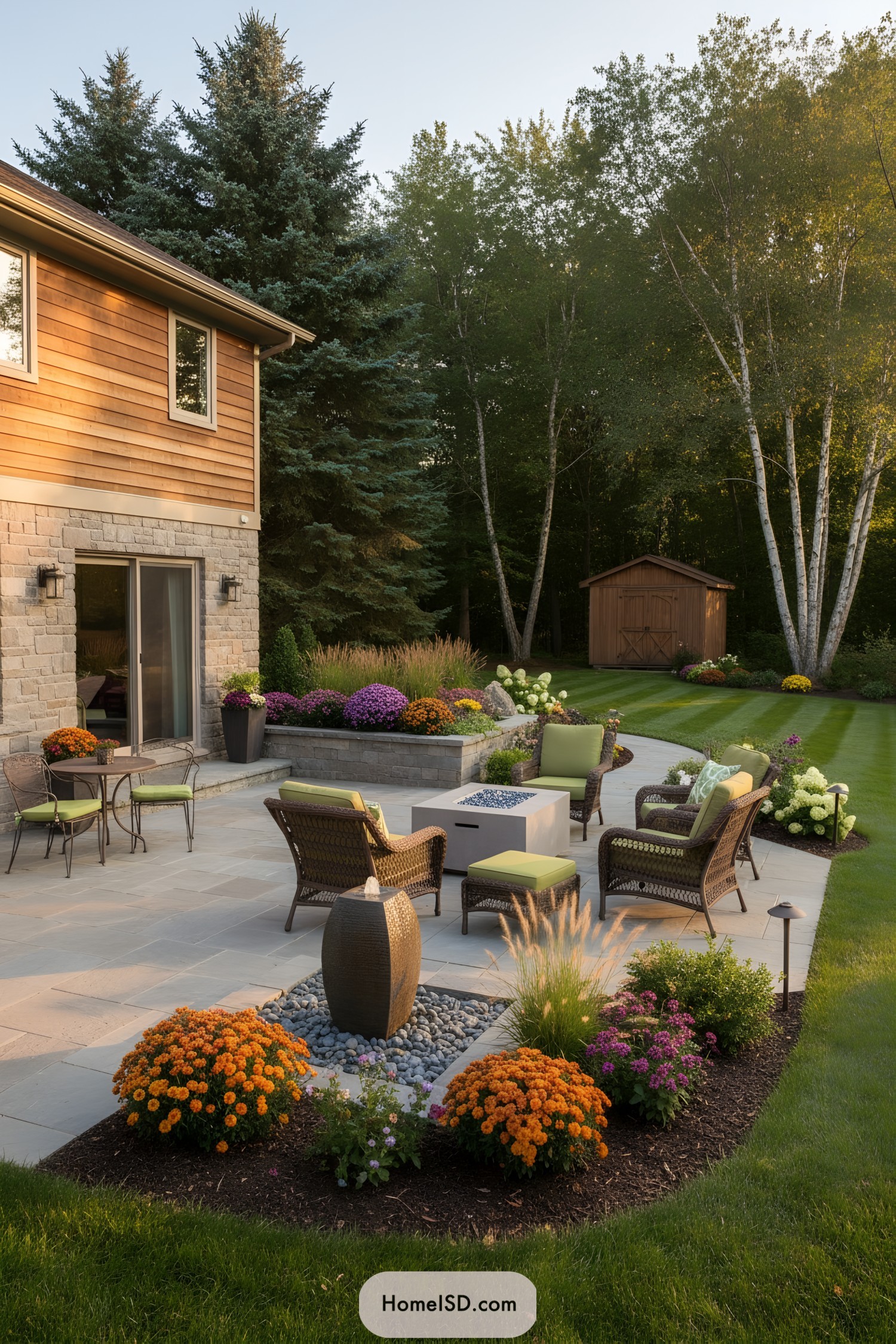 Stone patio with wicker seating fire table and colorful flower borders beside a suburban home