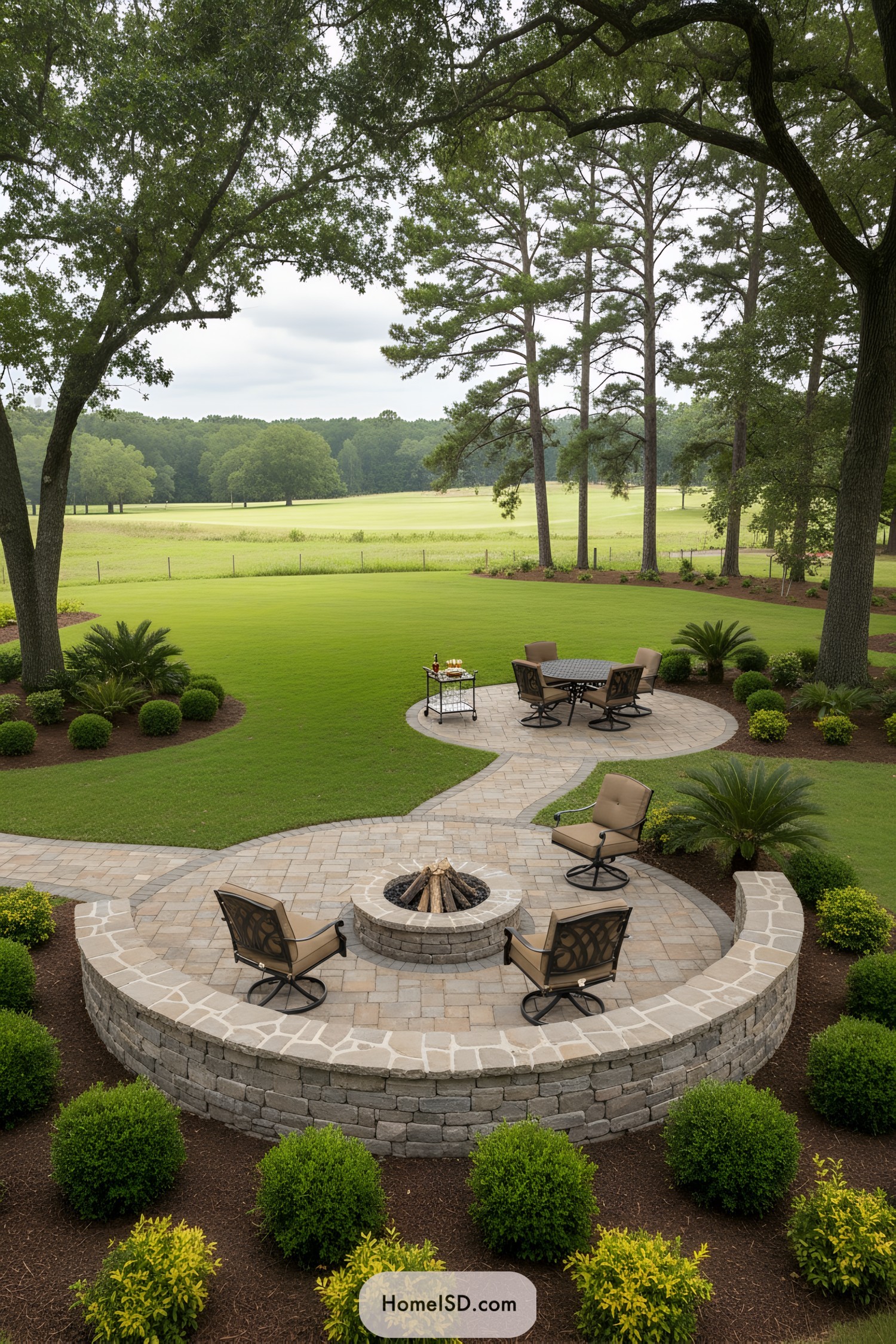 Curved stone patio with fire pit and dining area overlooking a broad green lawn