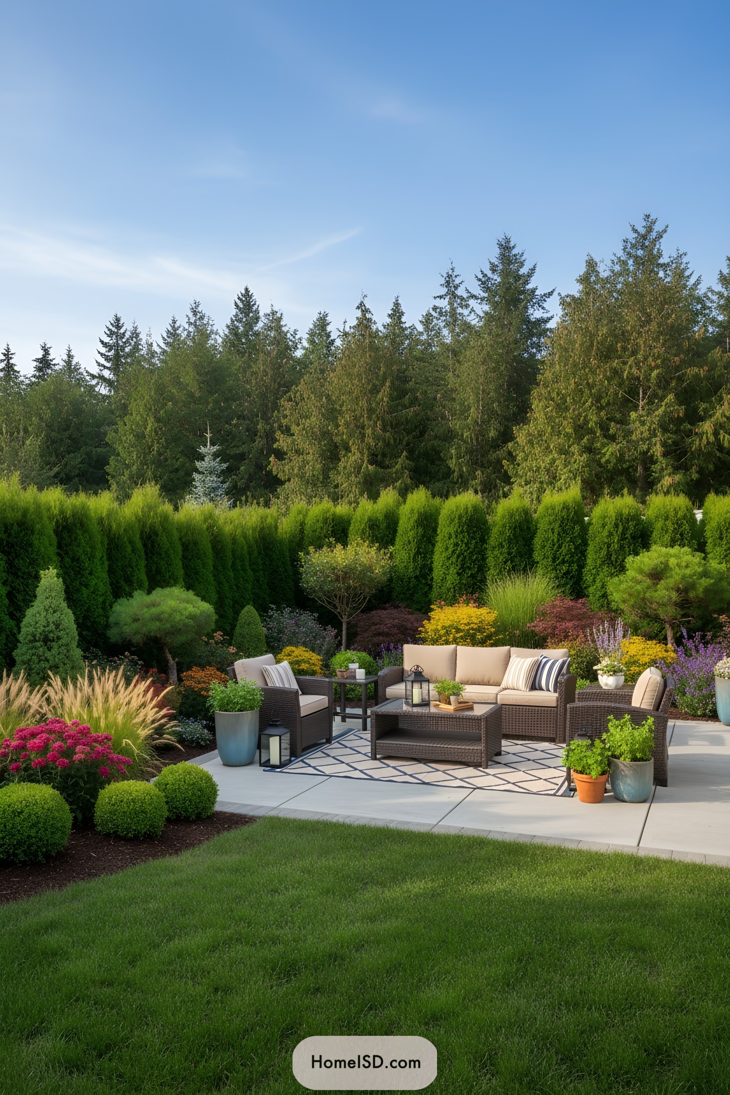 Modern patio lounge set amid colorful landscaped garden