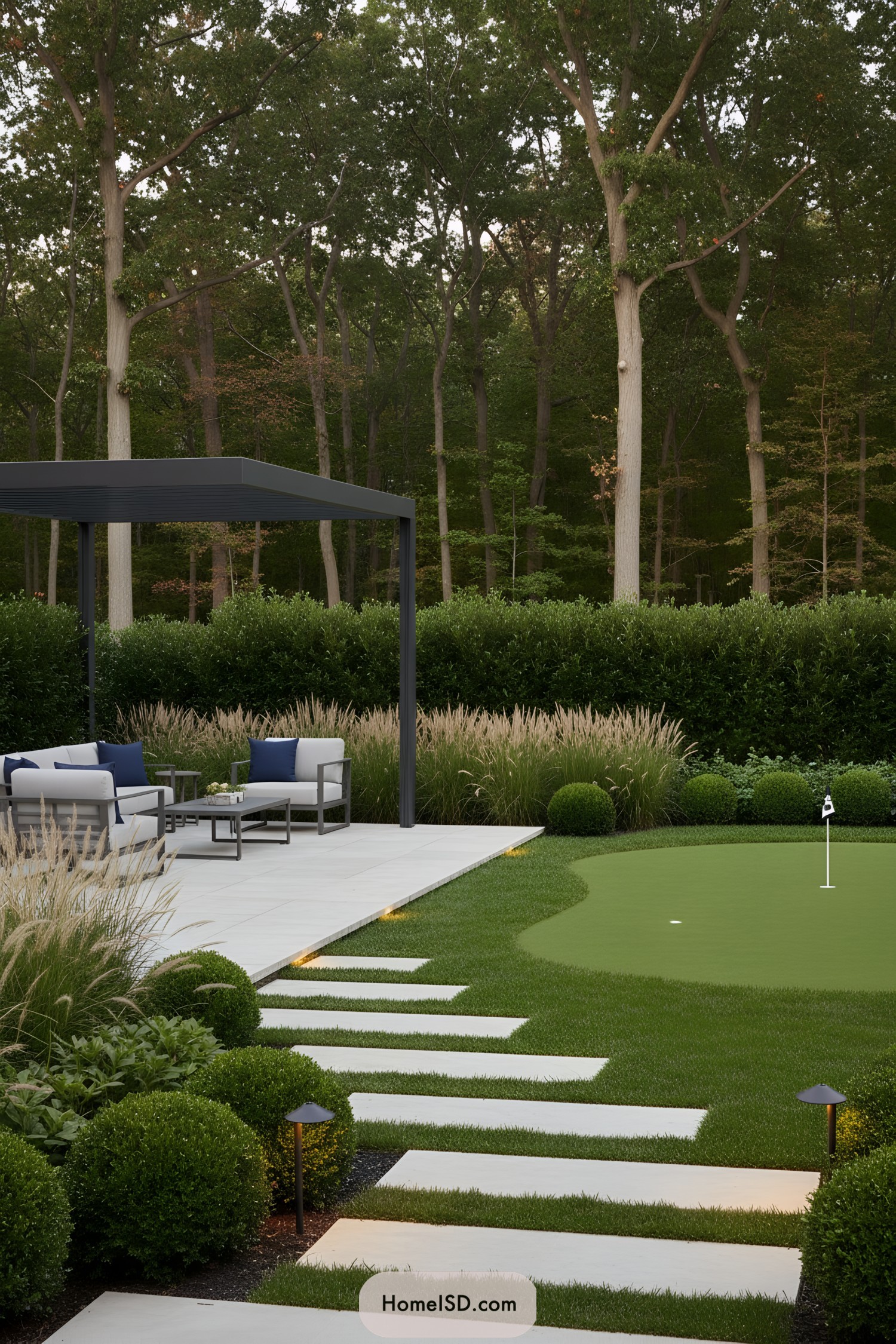 Modern backyard patio with pergola seating, stepping stones, and a small putting green beside manicured shrubs