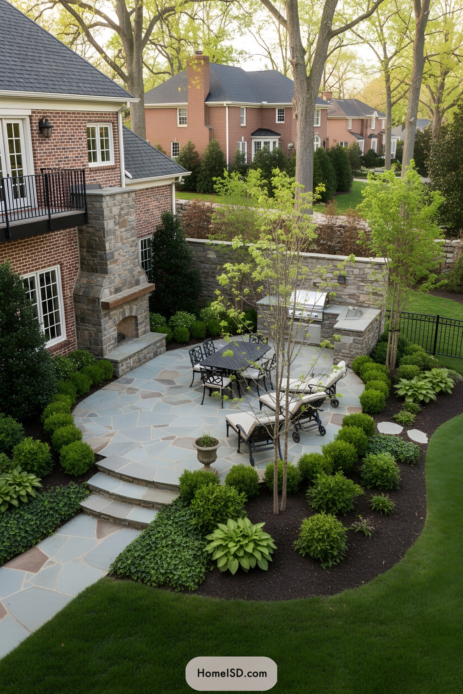 Bluestone patio with outdoor fireplace dining set and grill surrounded by lush landscaping