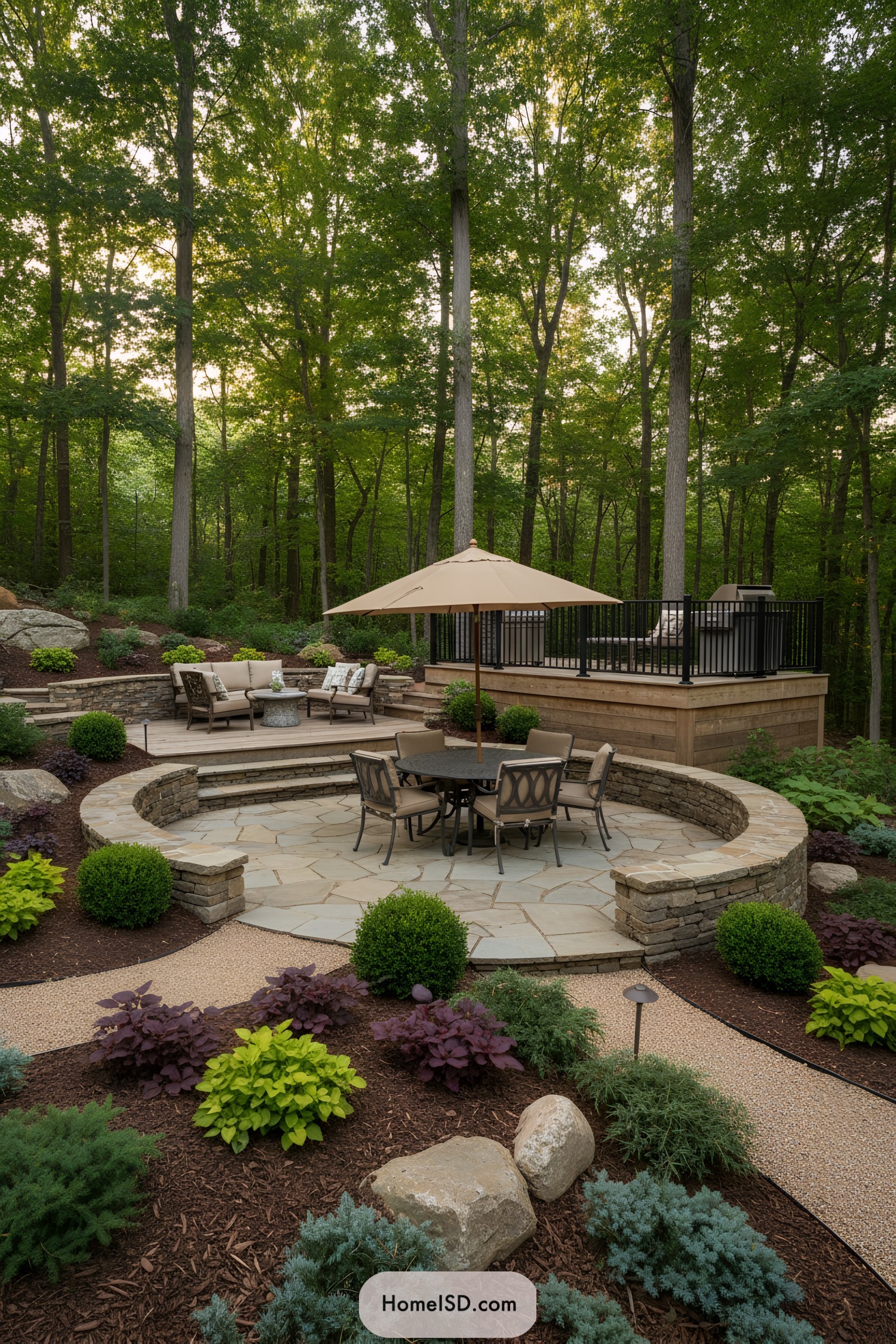 Tiered forest patio with dining and lounge areas
