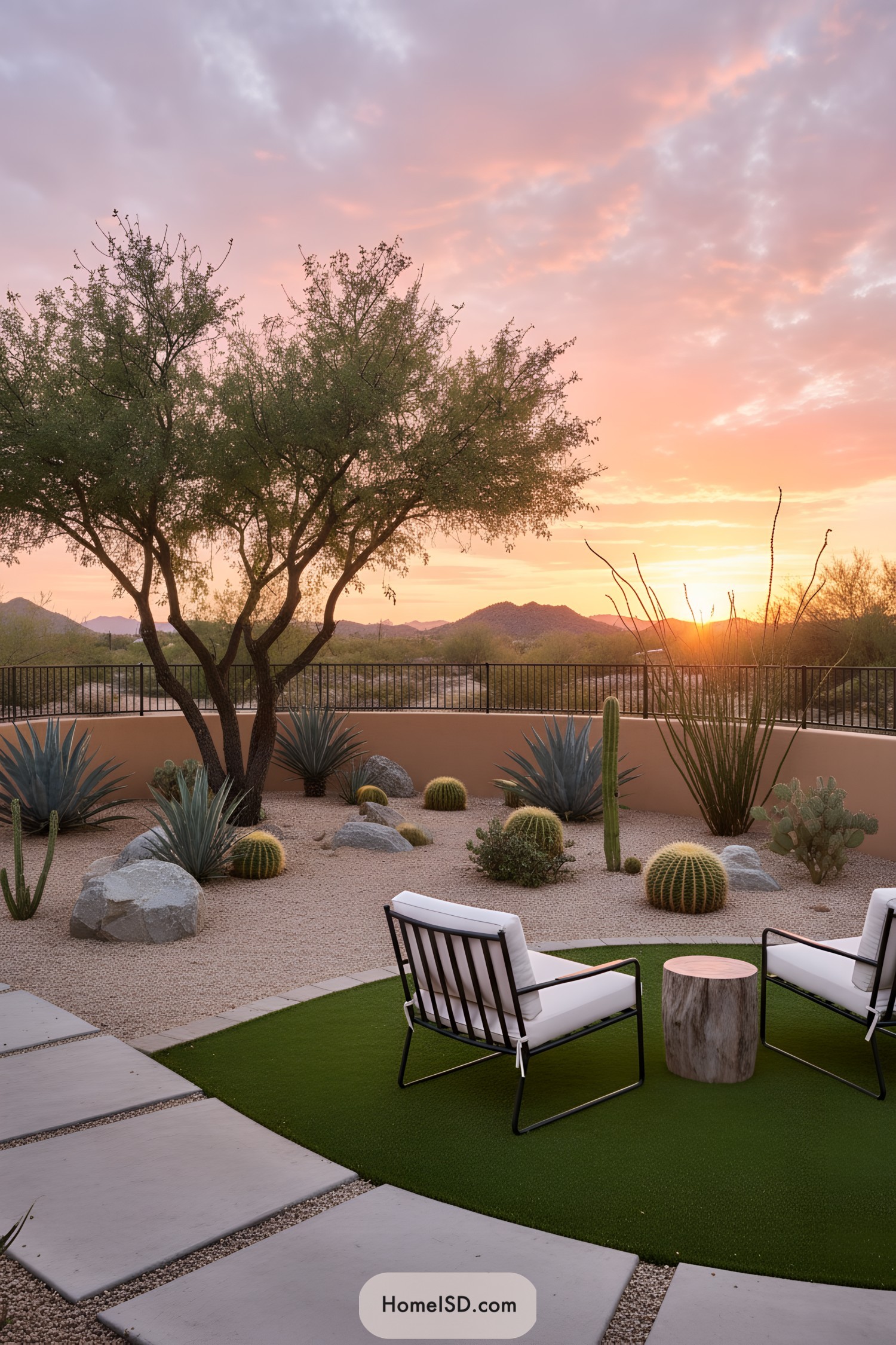 Modern desert patio with lounge chairs and cacti at sunset