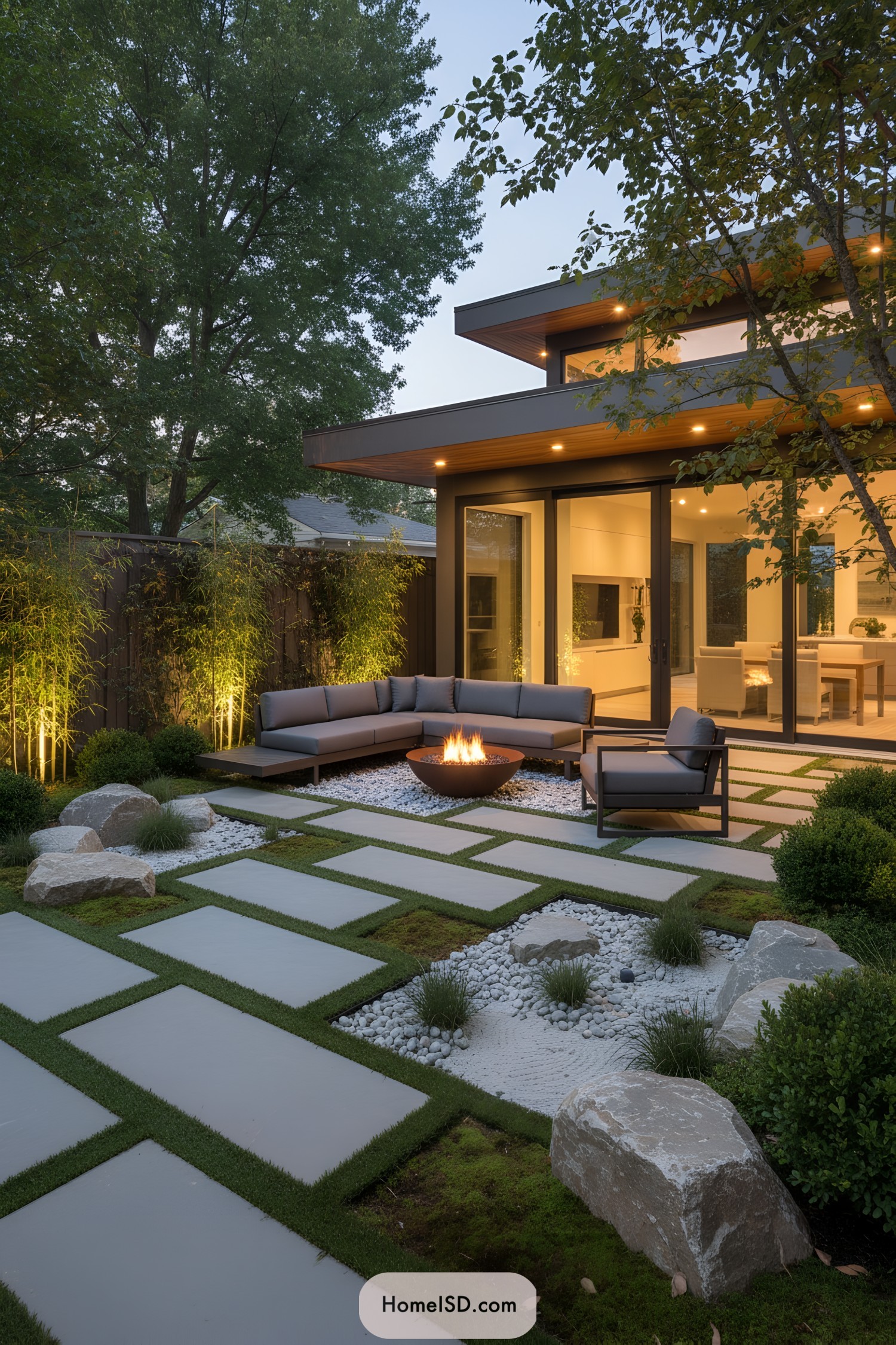 Modern patio with fire pit and geometric pavers