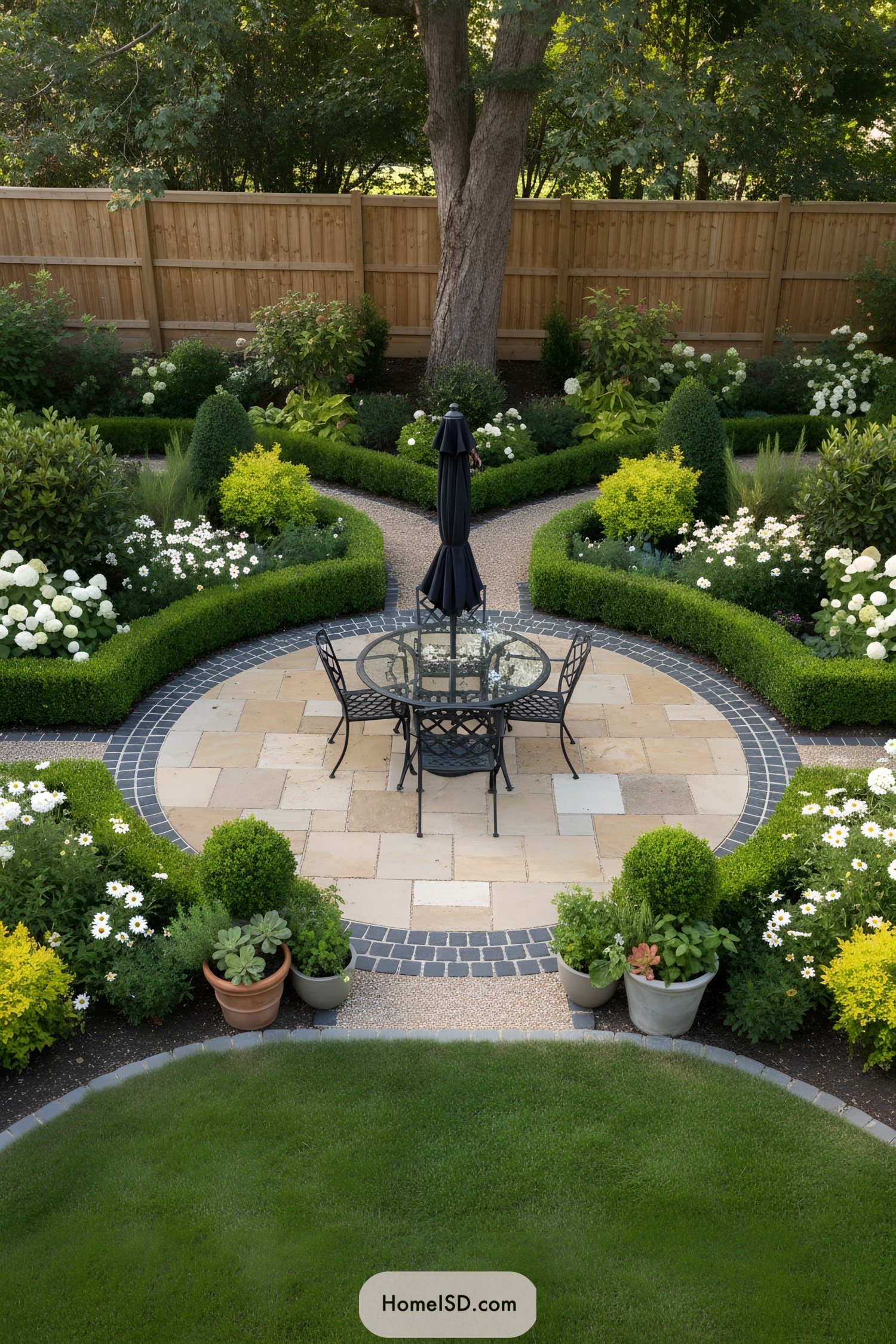 Circular stone patio with black bistro set framed by manicured hedges and flowering beds