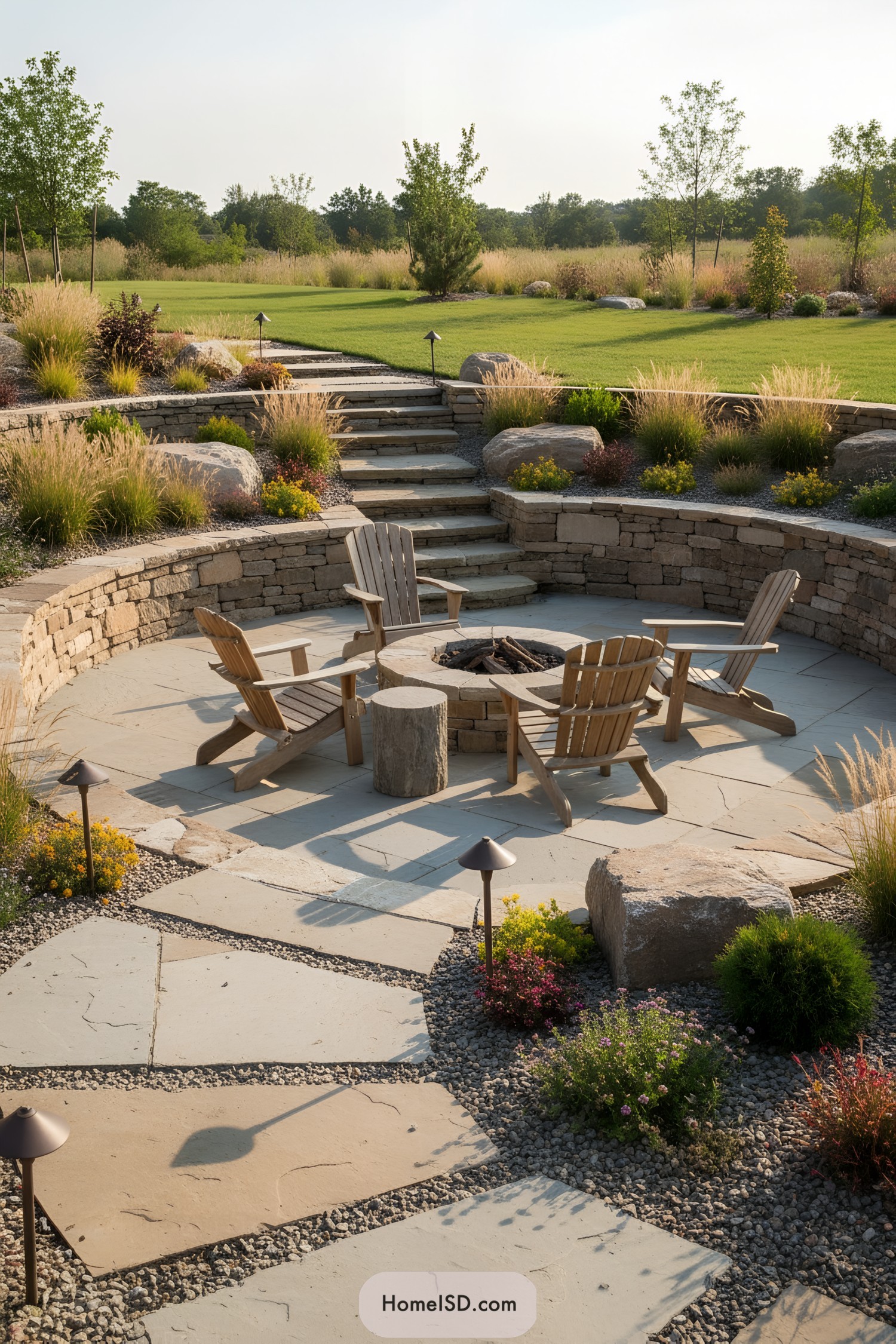 Circular sunken stone fire pit patio with Adirondack chairs and terraced landscaping