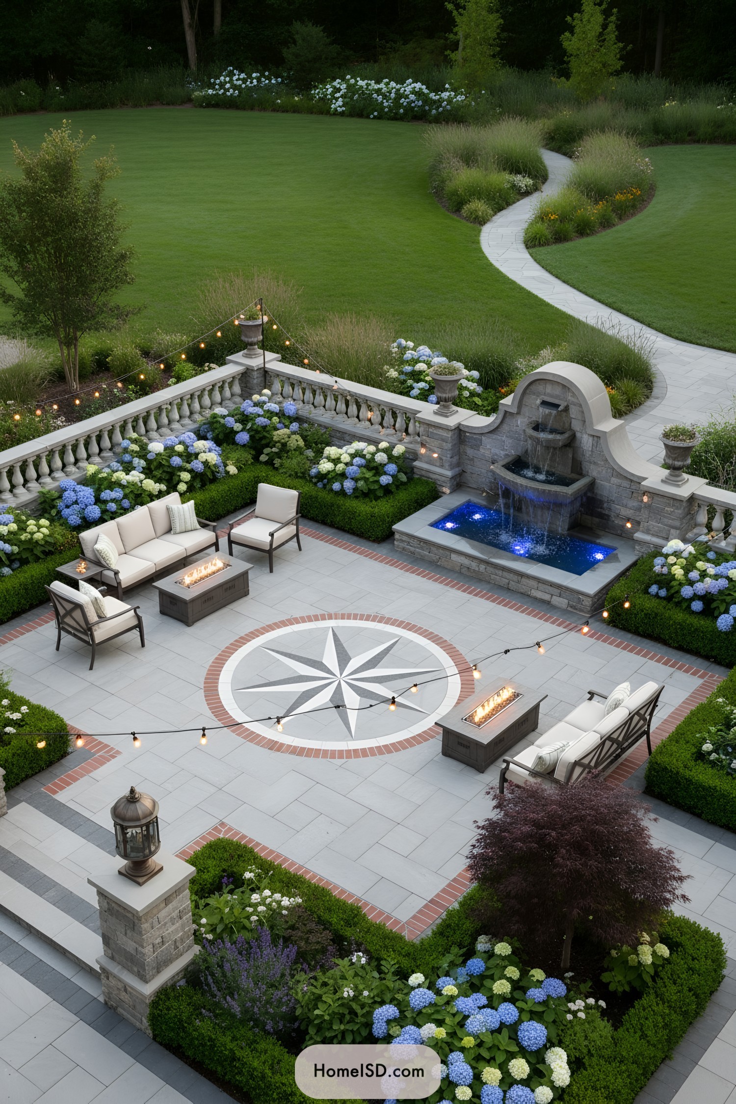 Formal stone patio with compass motif fountain and lounge seating