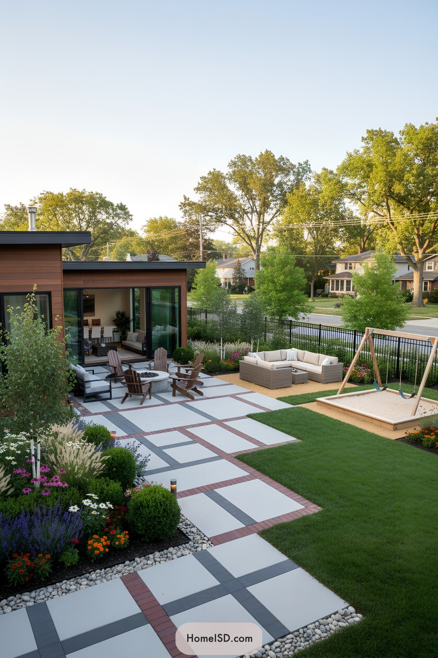 Modern patio with geometric pavers seating and swing set