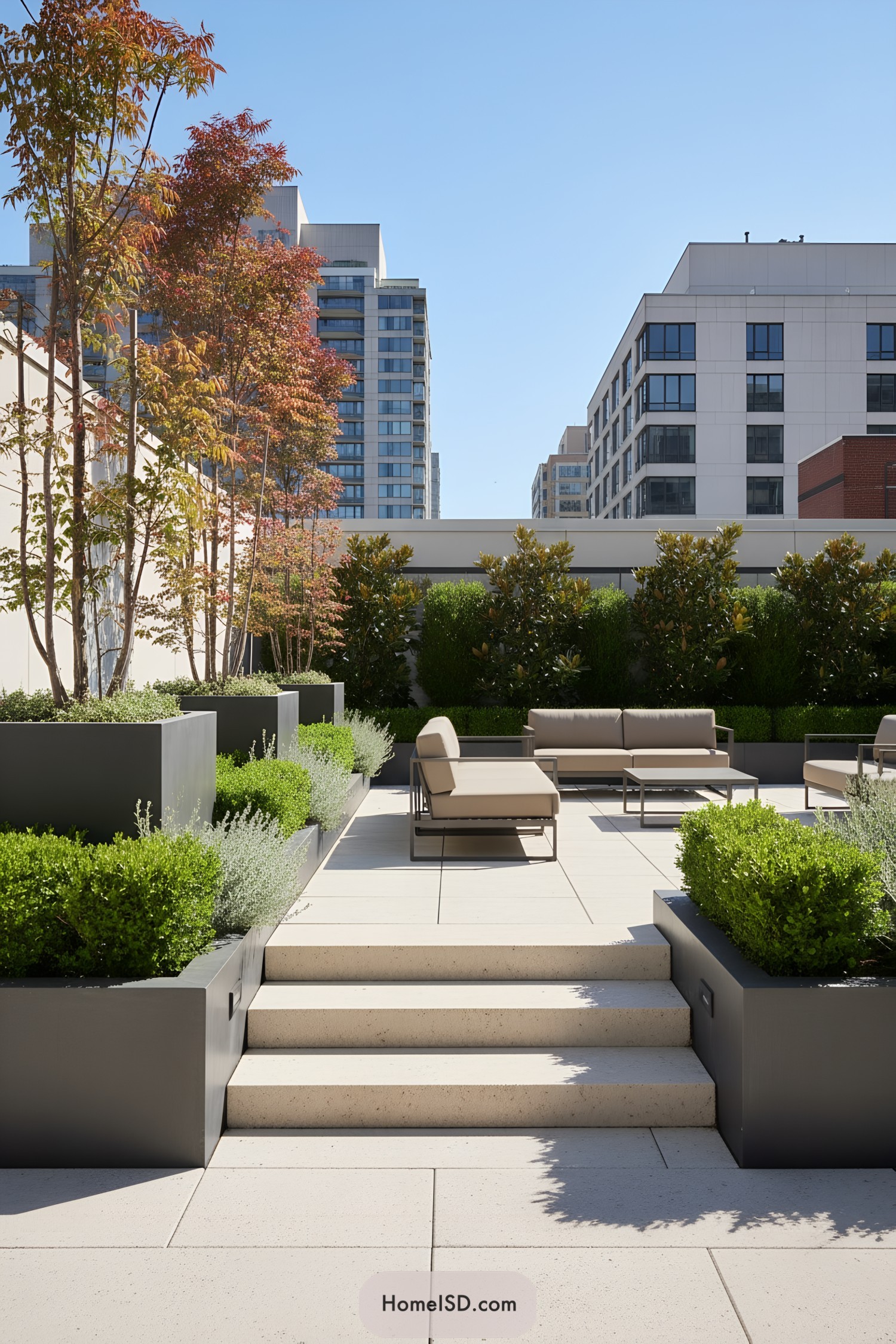Modern rooftop patio with sleek planters and low beige seating