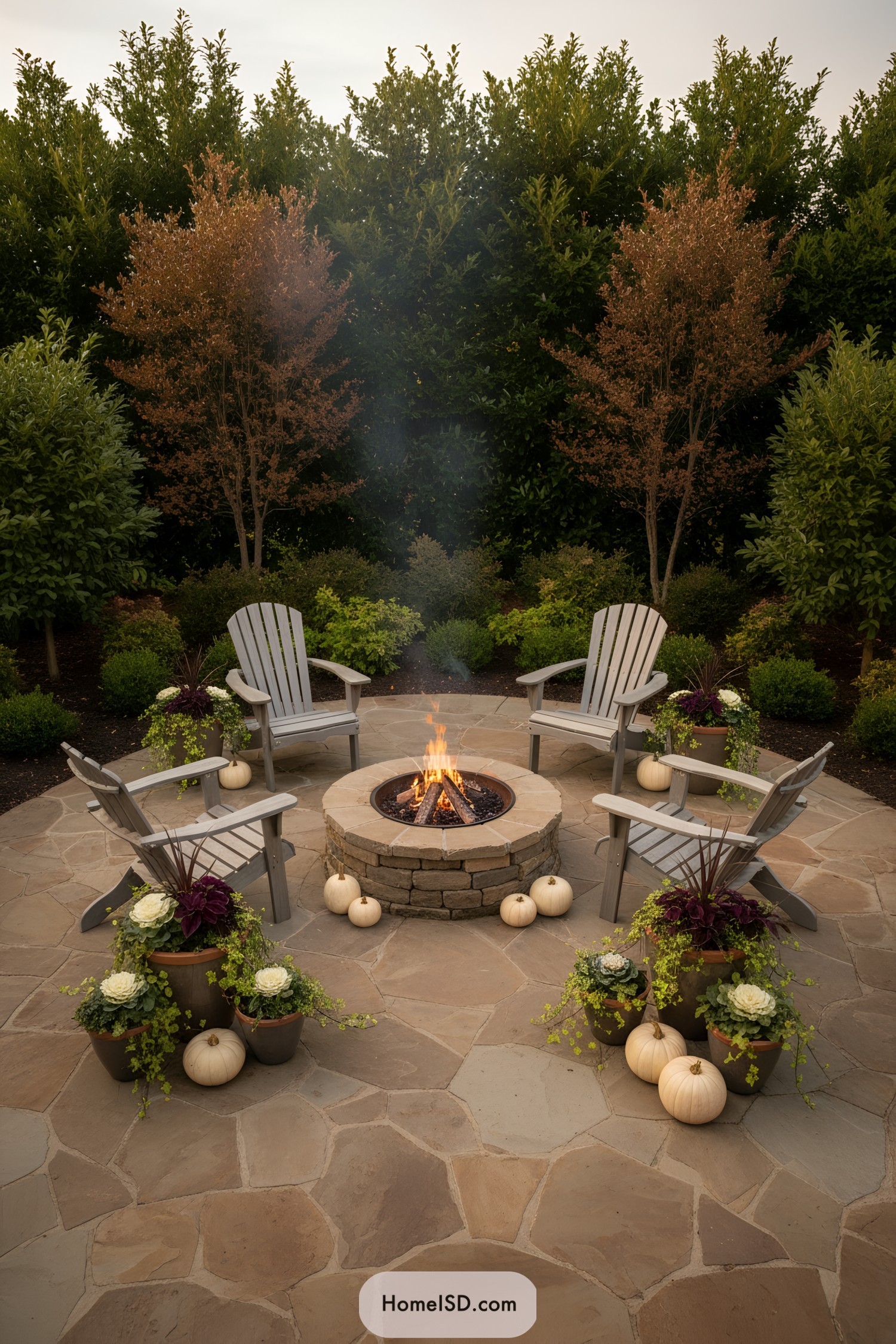 Stone patio with fire pit and chairs