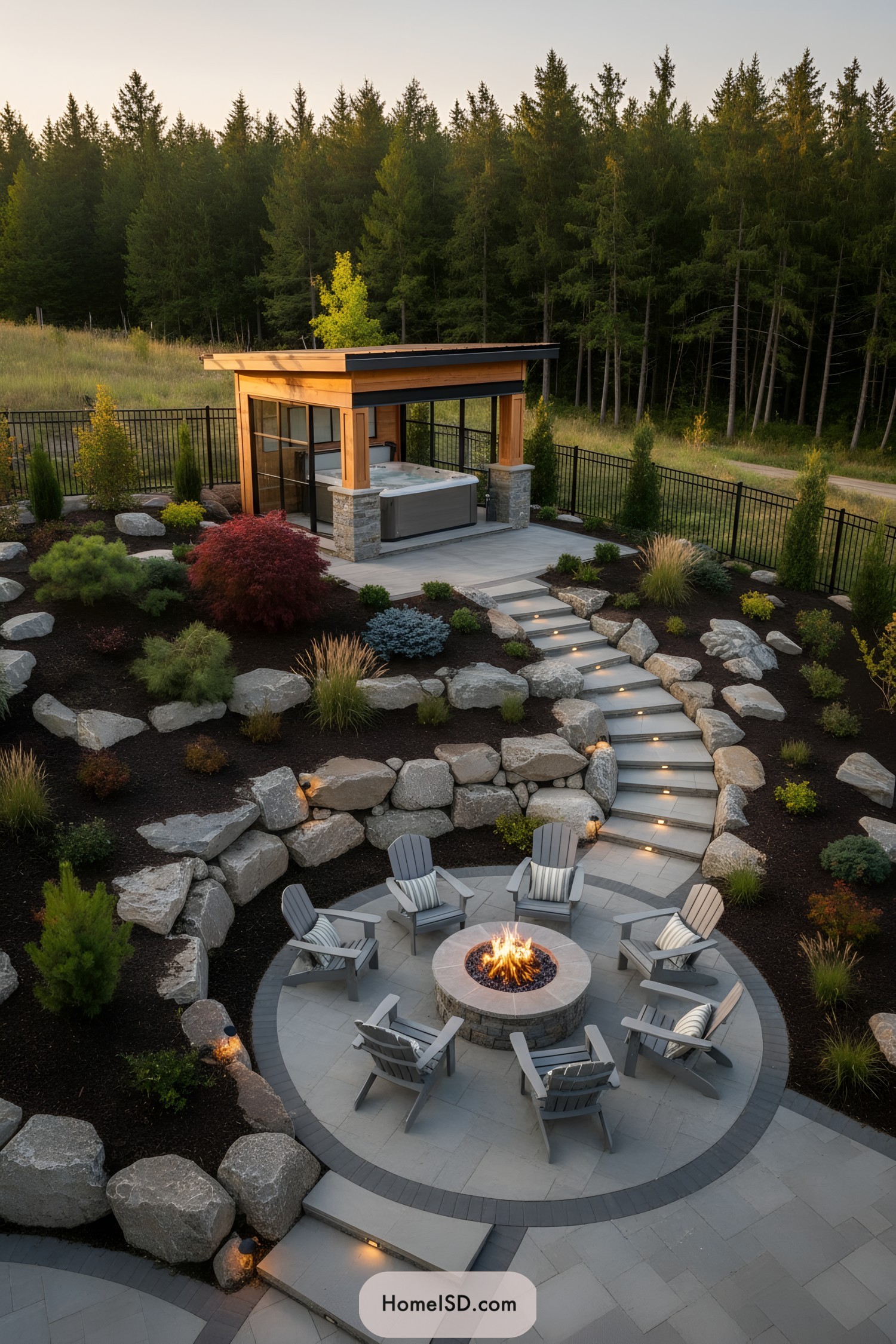 Tiered patio with circular fire pit and covered spa