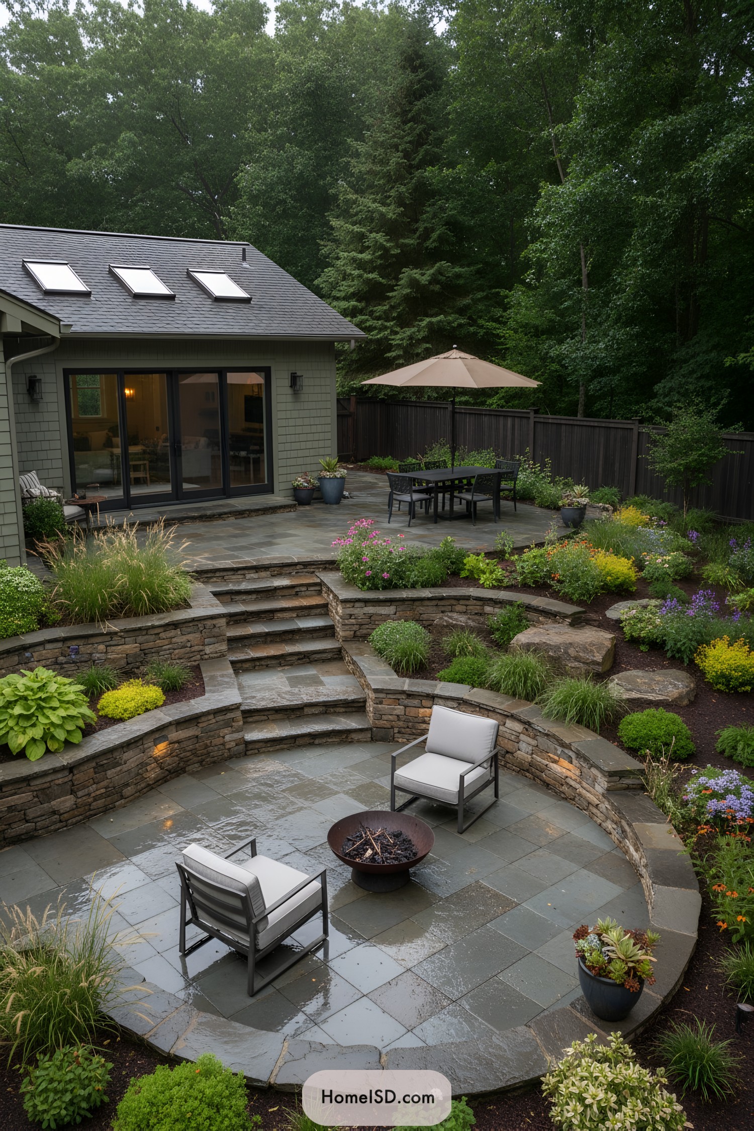 Tiered stone patio with fire pit and lush garden