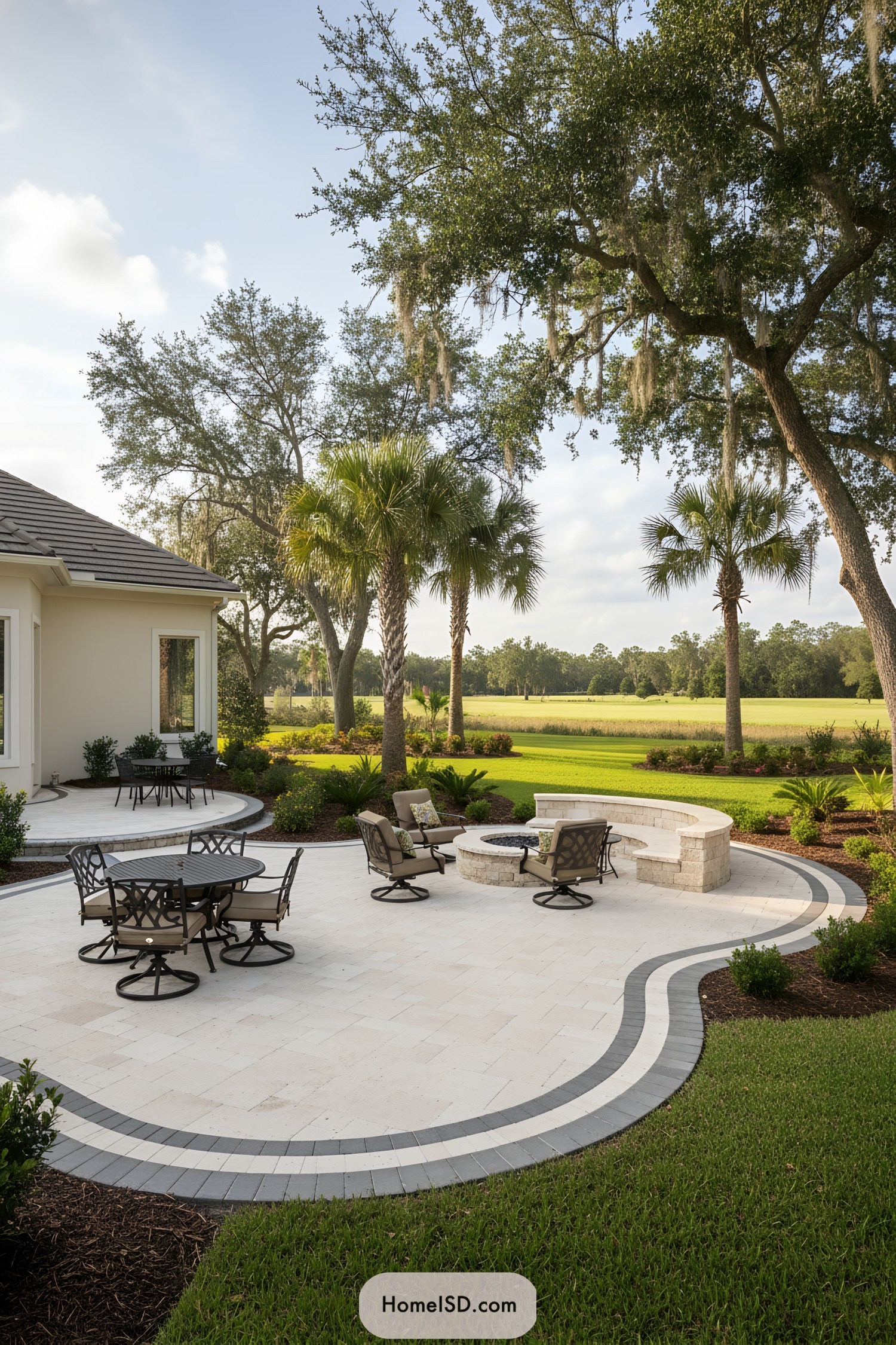 Curved stone patio with fire pit seating