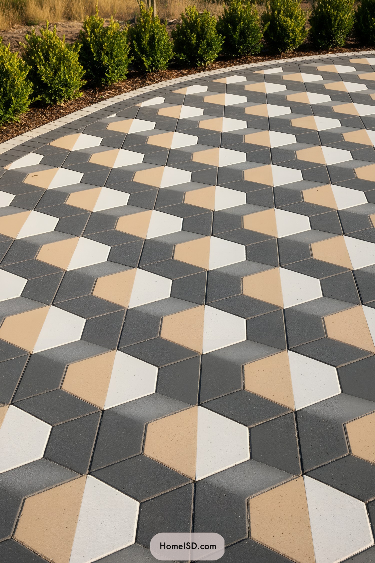 Geometric paver patio in gray white and tan with a curved border of trimmed shrubs