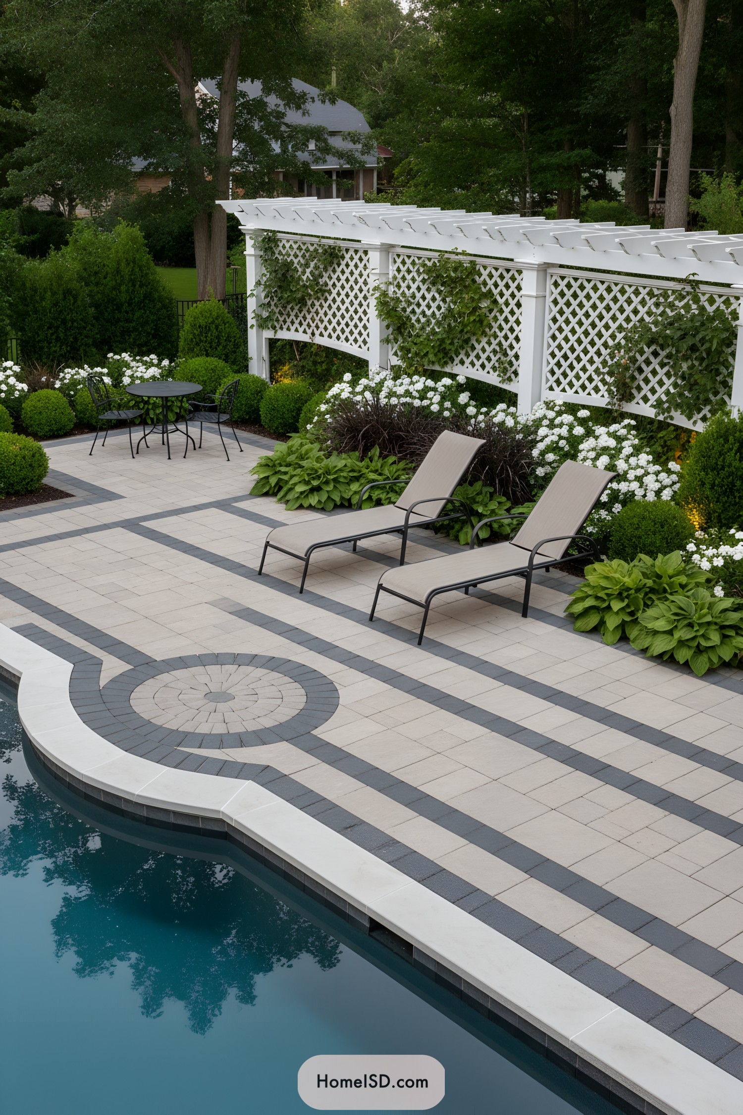 Modern poolside patio with patterned pavers, loungers, and white lattice trellis lined with greenery