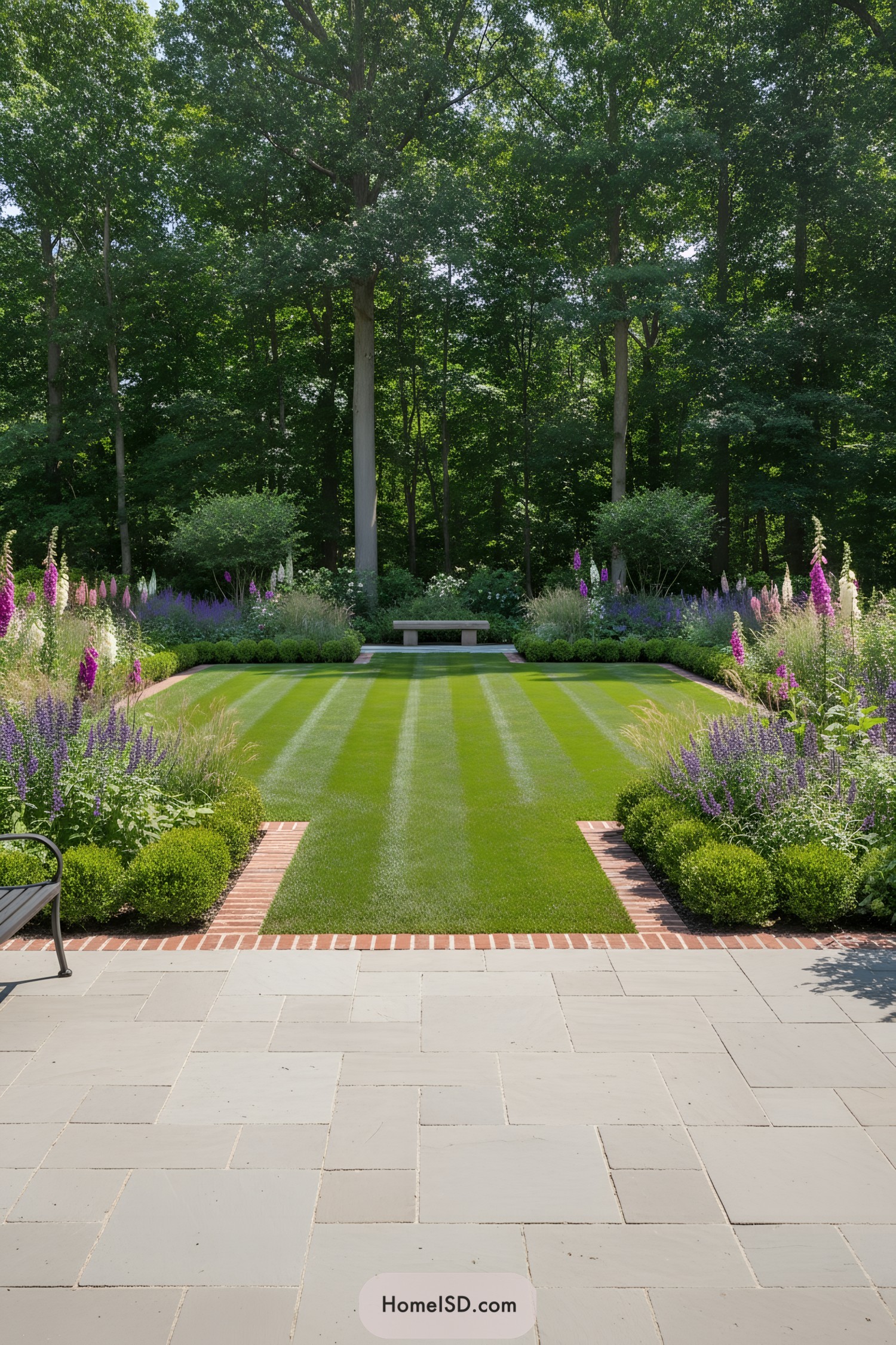 Rectangular striped lawn framed by brick edging, flower borders, and a stone bench against a wooded backdrop