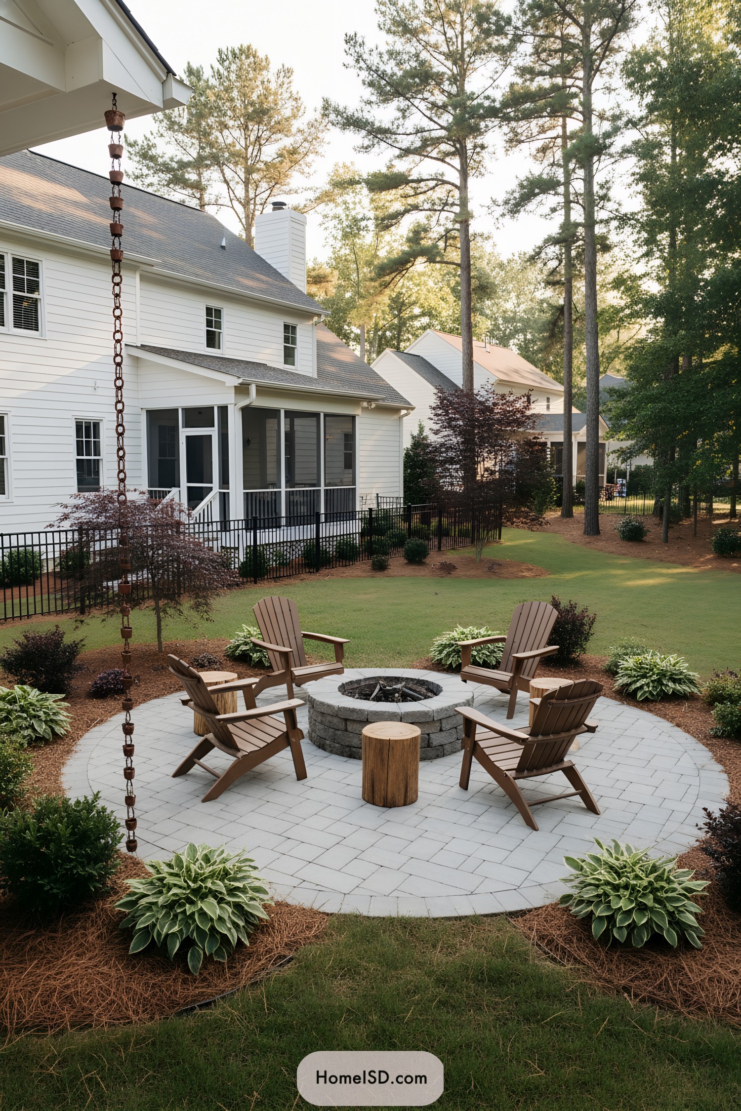 Circular paver patio with central fire pit and Adirondack chairs in a neatly landscaped backyard